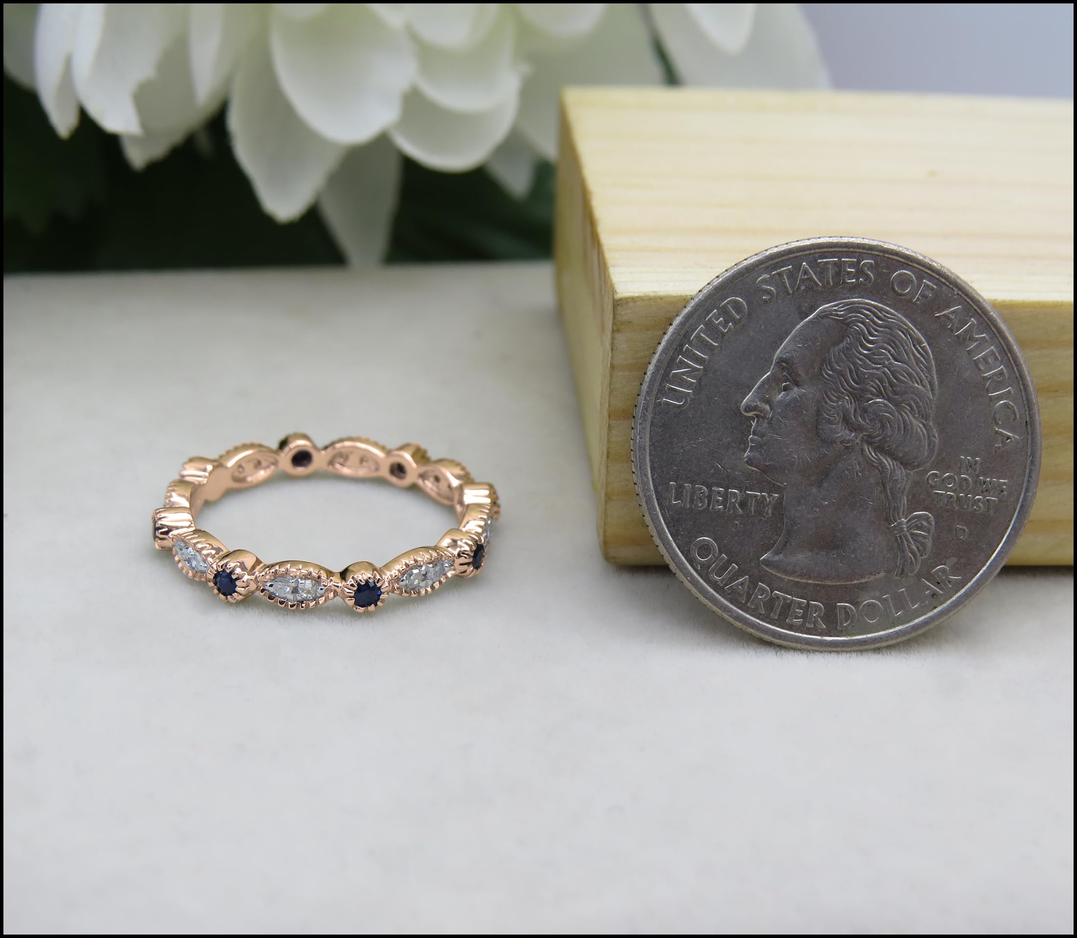 14K Solid Gold Round Blue Sapphire & White Diamond Vintage Stackable Eternity Wedding Ring for Women - Elegant Bridal Jewelry, Anniversary Gift, Stackable Ring Set for Special Occasions