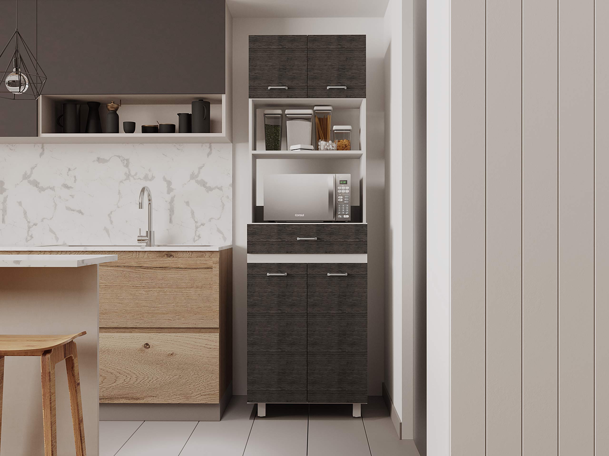 Microwave Cabinet with Drawer - 2 Double Doors & 4 Adjustable Shelves - Smokey Oak/White Finish - Perfect for Kitchen Storage & Organization