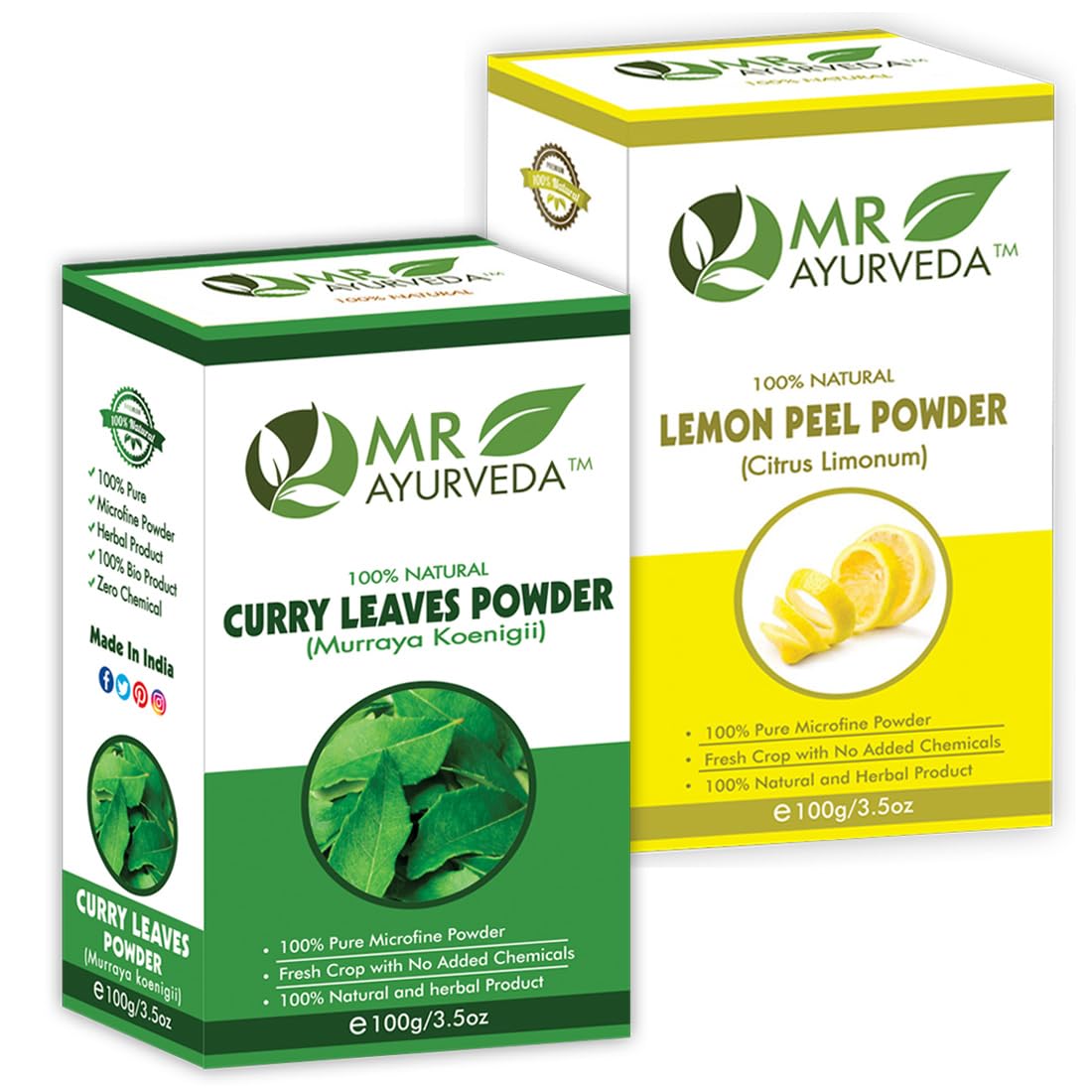 Organic Curry Leaves Powder & Lemon Peel Powder Combo - 2 Pack (200g Each) | Ayurvedic Herbs for Cooking, Hair Care & Skin Health | Perfect for Indian Cuisine, Detox Drinks & Natural Beauty Recipes