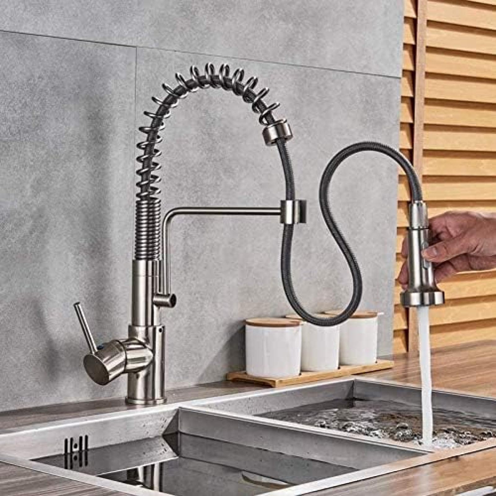 CRJUS Pull-Out Kitchen Faucet with Hand Sprayer - Deck Mounted Spring Swivel Spout, Hot & Cold Water Mixer Tap for Sink - Perfect for Washing Dishes, Filling Pots & Cleaning Vegetables