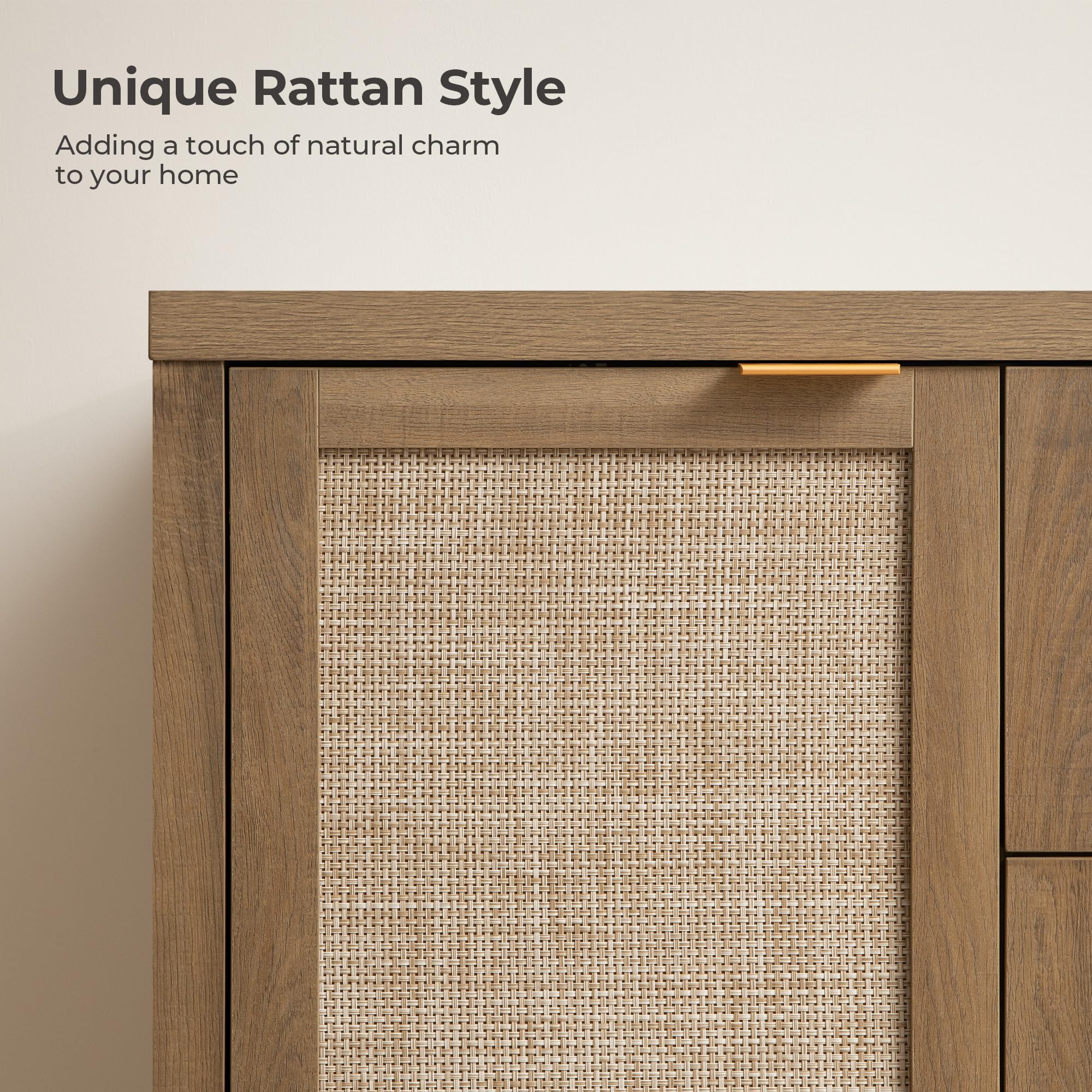 SICOTAS Rattan Large Sideboard Buffet Cabinet with Storage - Farmhouse Style Credenza with 3 Drawers & 2 Doors, Boho Wooden Console Coffee Bar Cabinet for Living Room, Kitchen, Entryway - Perfect for Home Decor, Storage Solution and Entertaining Guests