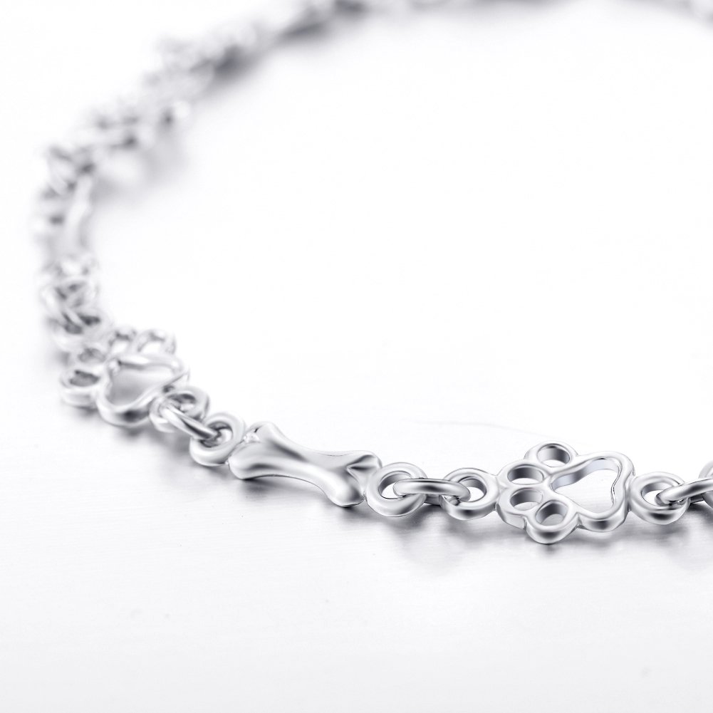 LUHE 925 Sterling Silver Paw Print Bracelet for Women - Cute Dog Cat Bone Charm Bracelet for Girls, 7.5