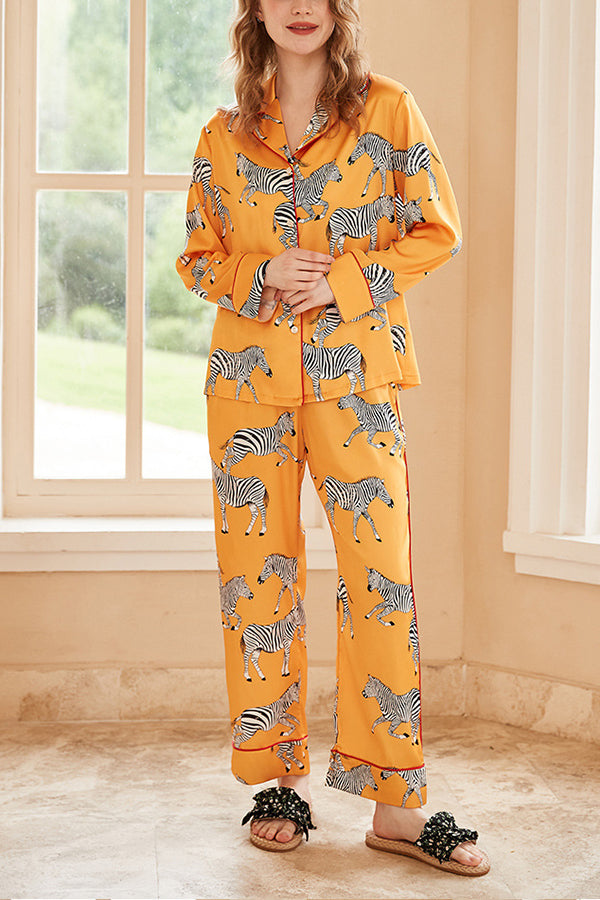 Yellow Zebra Print Long Sleeve Two-Piece Pajama Set - Cozy Loungewear for Women, Soft Sleepwear & Home Outfit for Relaxing Evenings