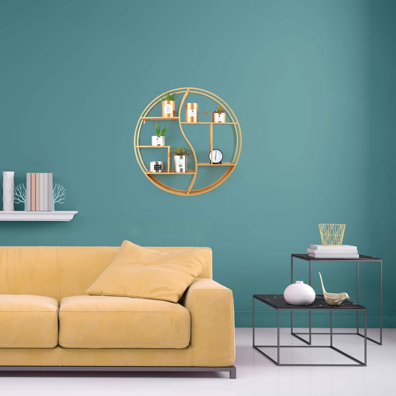 24 Inch Round Wall Shelf - Gold Metal & Wood Circular Floating Shelves for Fireplace, Living Room, Bathroom Decor | Wall Mounted Display Organizer for Home & Office Use