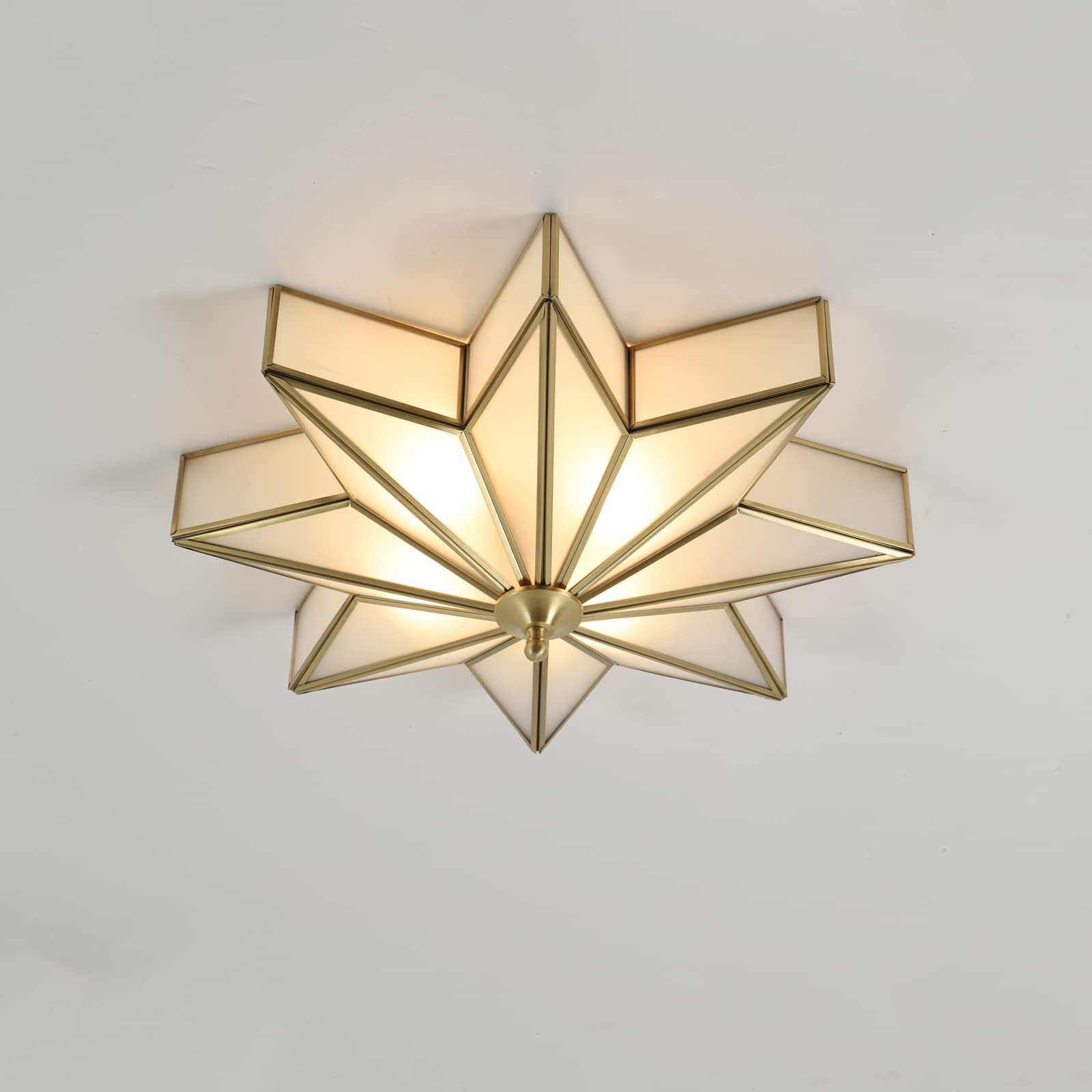 Vintage Star-Shaped Antique Brass Flush Mount Ceiling Light Fixture - 4-Light Bedroom Lighting with Frosted Glass Shade (Bulbs Included) - Perfect for Bedroom, Living Room, Dining Room & Hallway Lighting