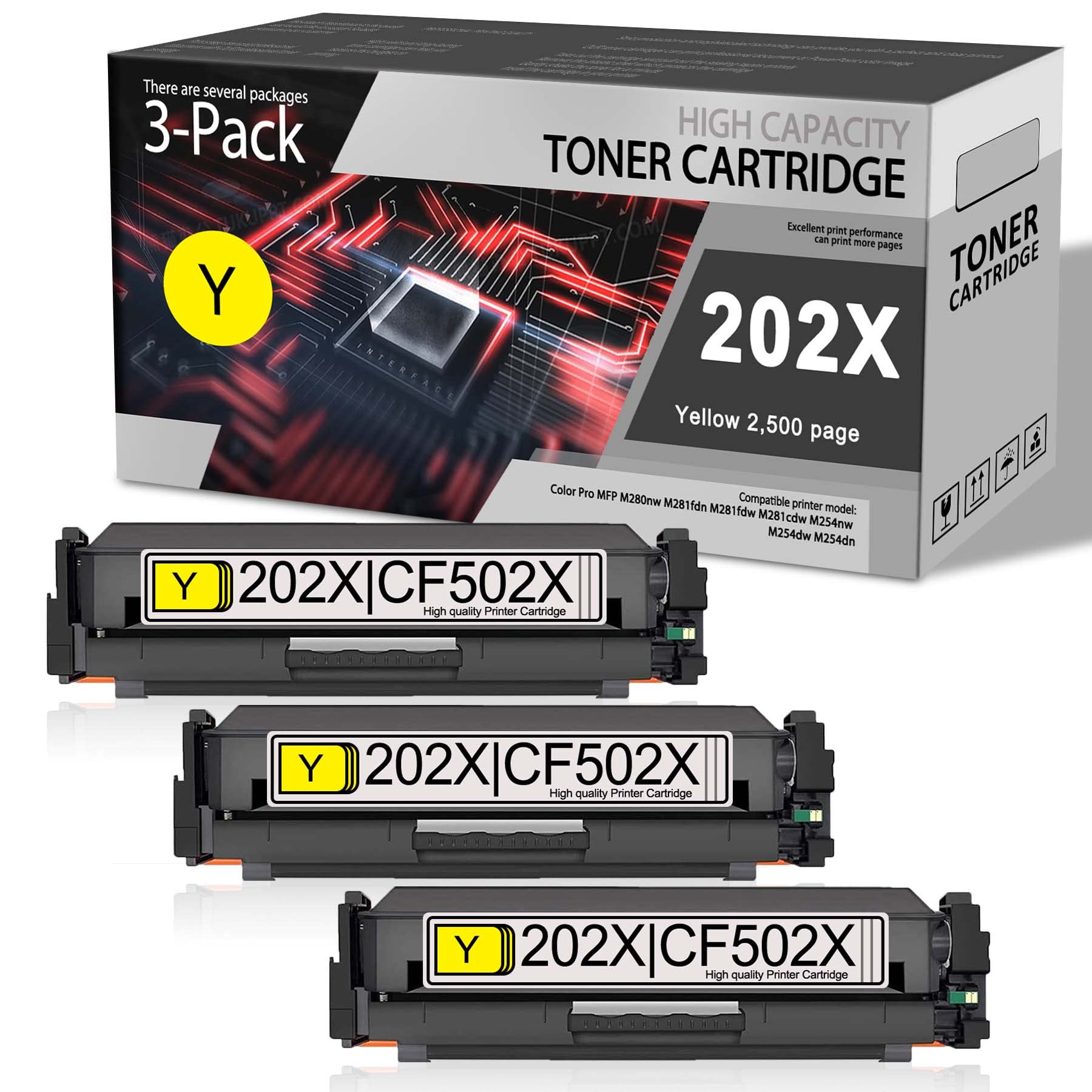 3 Pack CF502X Yellow Toner Cartridge - Compatible with HP Color Pro M254 M280 M281 Series for Home & Office Printing