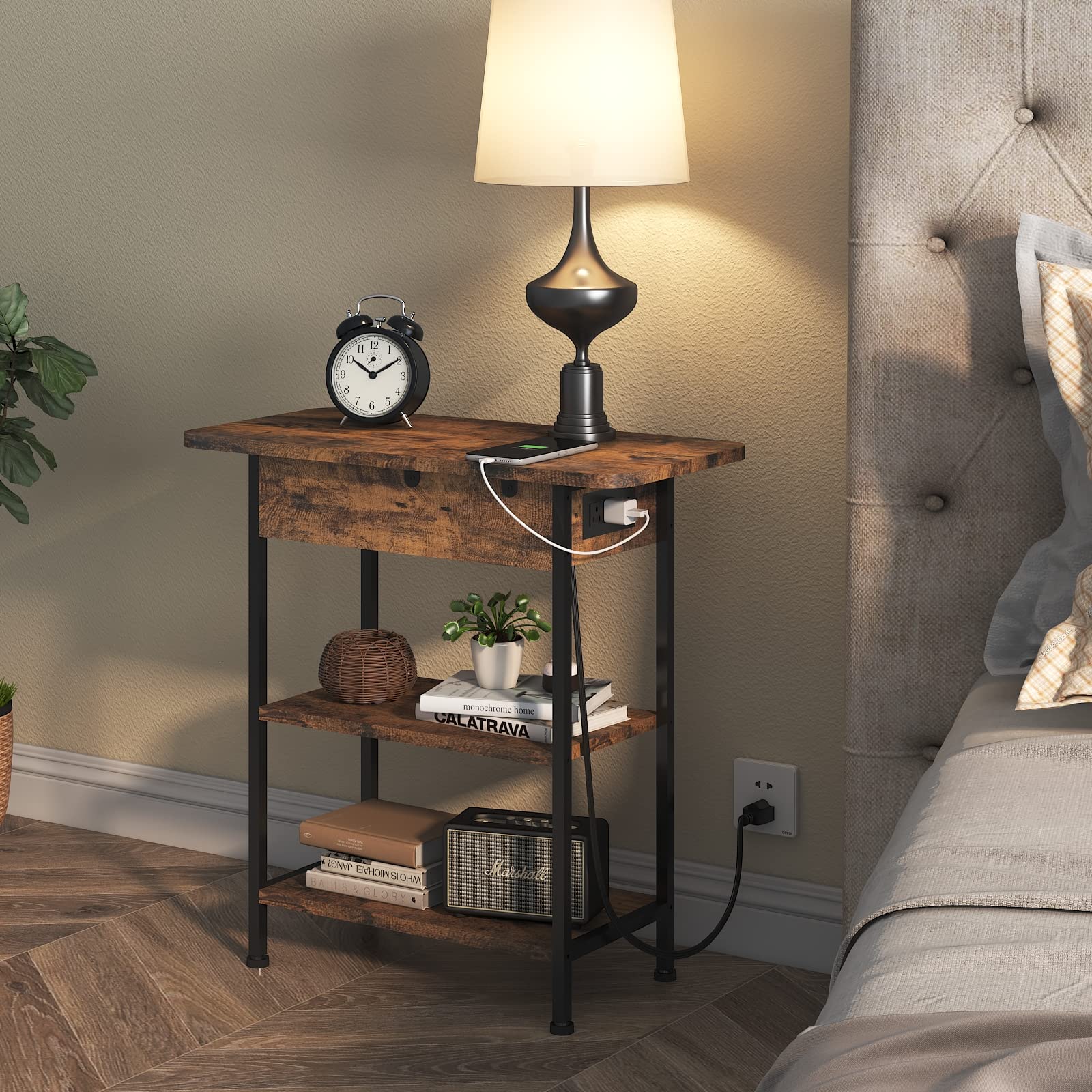 LIDYUK Flip Top End Table with Charging Station - Nightstand with USB Ports & Outlets, Storage Shelf for Small Spaces - Perfect for Bedroom, Living Room as Bedside Table or Side Table (Brown) - Ideal for Charging Devices & Organizing Essentials in Compact Spaces