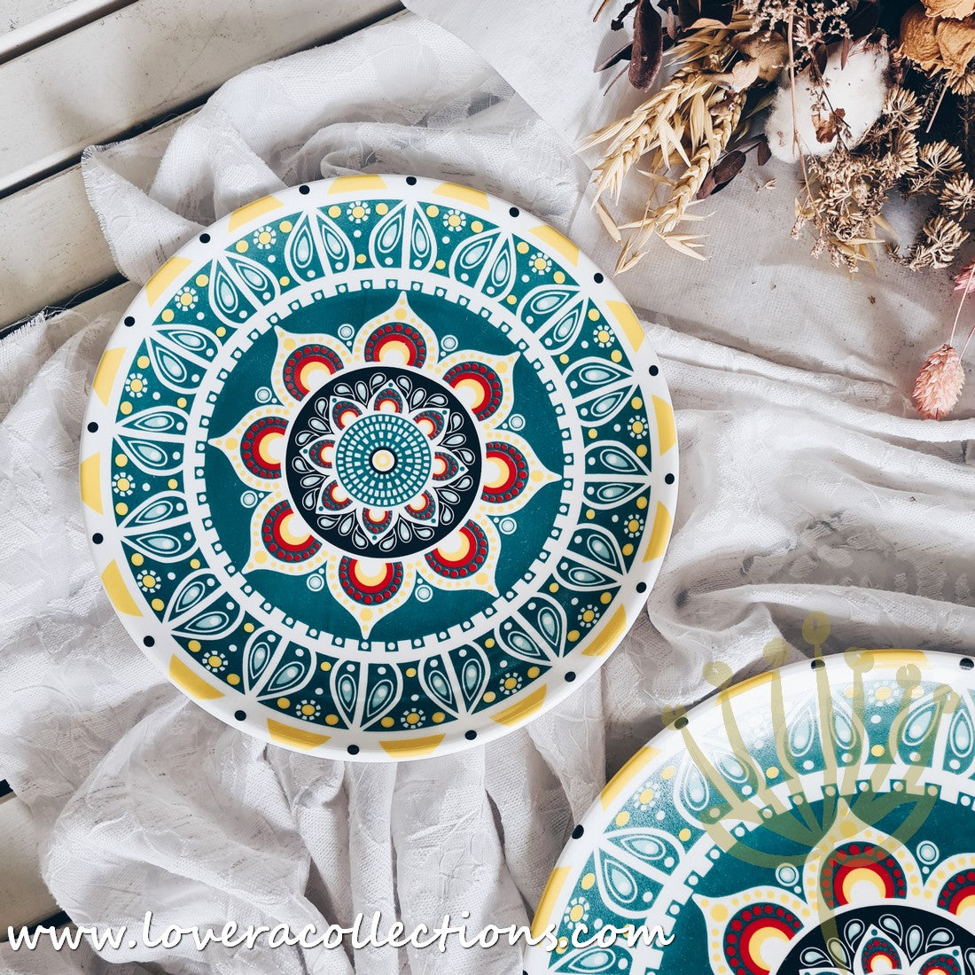 Mandala Green & White Salad Plate Set - Elegant Hand-Painted Ceramic Dinnerware for Home & Restaurant Use - Perfect for Salads, Appetizers, Desserts & Party Serving