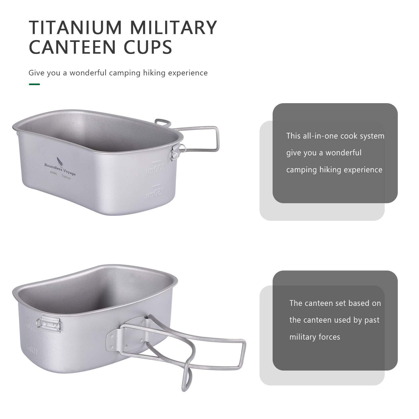 Boundless Voyage Titanium Military Canteen Cup Set - Lightweight Outdoor Camping & Hiking Water Bottle with 2 Cups - Durable Mess Kit for Cooking, Survival Gear - Perfect for Backpacking, Bushcraft & Emergency Preparedness (Ti15158B)