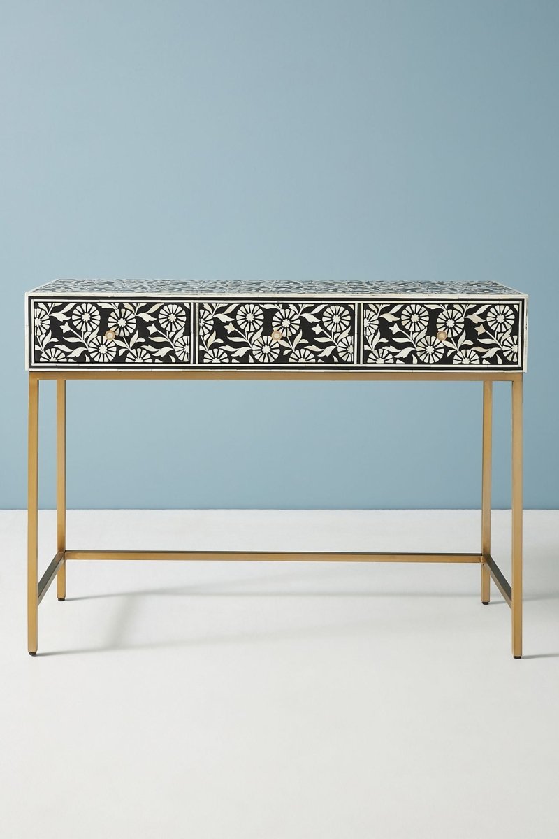 Handmade Black Bone Inlay Console Table with Drawers - Elegant Entryway Furniture for Living Room, Hallway & Foyer Decor