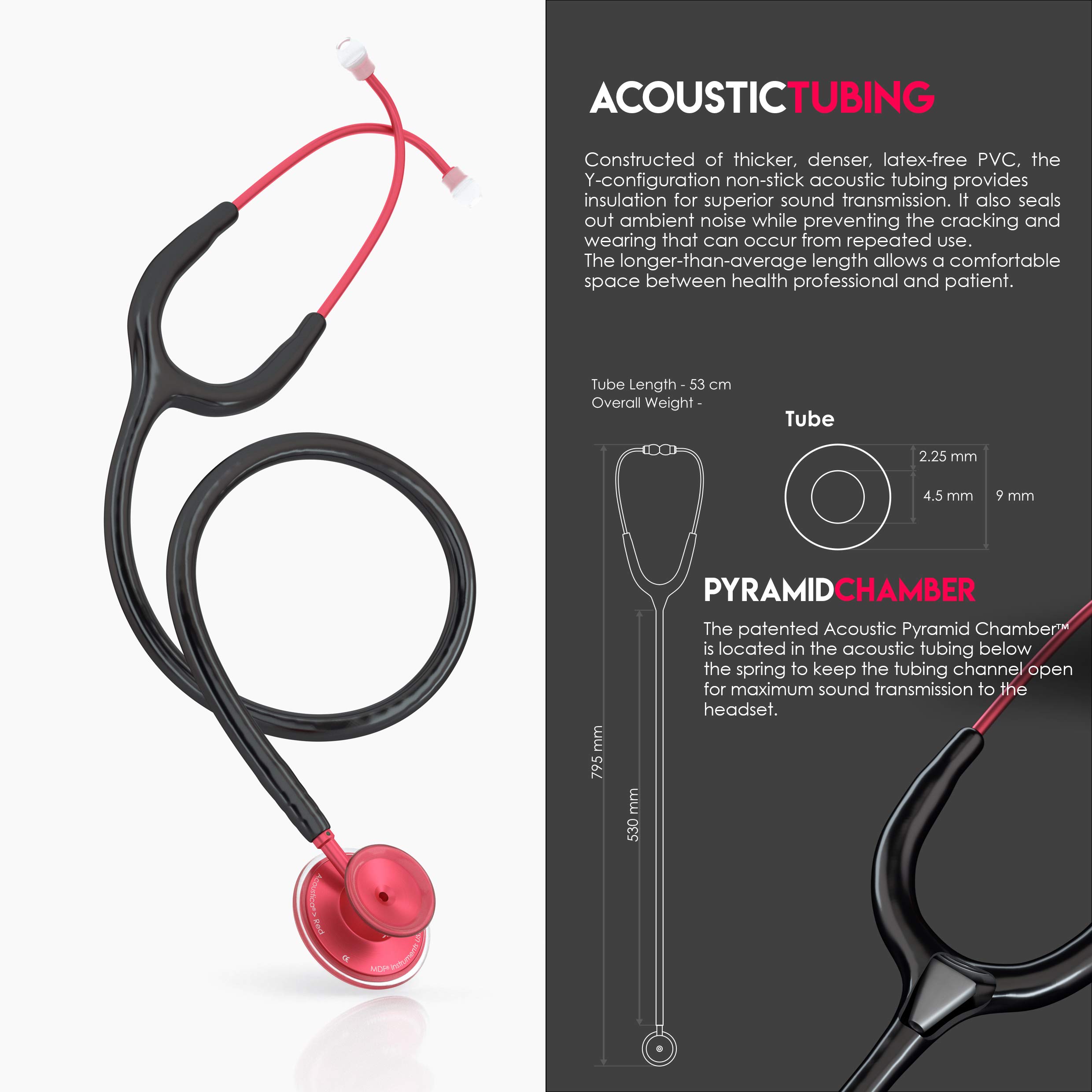 **MDF Acoustica Lightweight Dual Head Stethoscope - Black Tube & Red Chestpiece for Doctors, Nurses, Students & Home Health Use (Adult) - Ideal for Medical Exams, Clinical Practice & Home Monitoring**