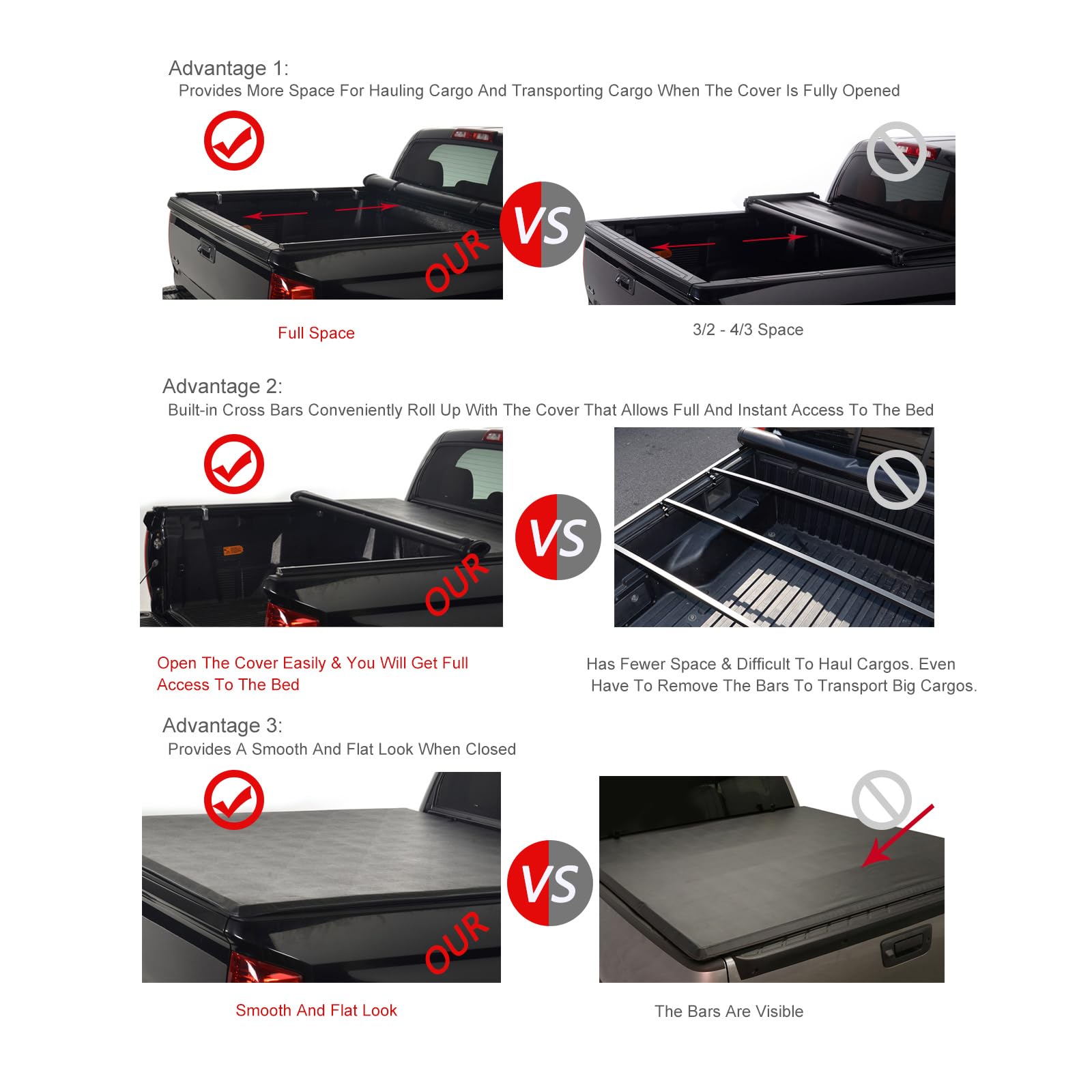 1PC 5.8ft/69.9IN Soft Roll-Up Vinyl Tonneau Cover for Truck Bed with Lock System 12103 - Durable Weatherproof Protection for Pickup Trucks (Fits Ford, Chevy, RAM) | Perfect for Camping, Hauling & Outdoor Adventures
