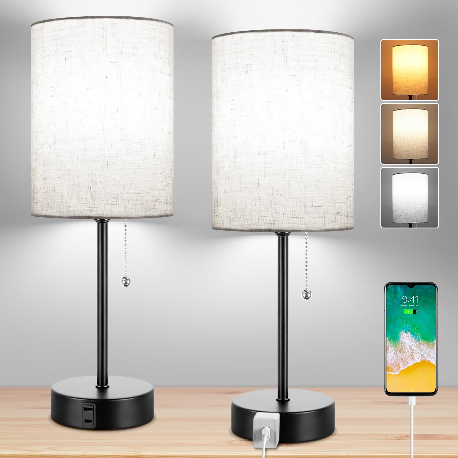 Dott Arts Set of 2 Modern Bedside Table Lamps with 3 Color Temperature Modes (2700K-5000K) & Built-in AC Outlet - Nightstand Lamps for Bedroom, Living Room, Office & Reading Nook - Perfect for Relaxation, Reading & Ambient Lighting