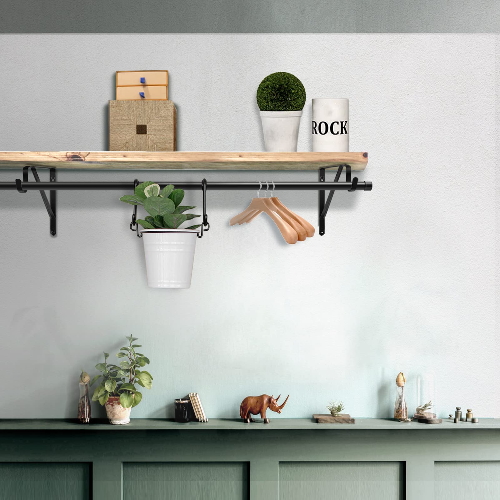 Heavy Duty Closet Rod Bracket with Shelf - 10.9x10.2 Inch Black Wall Mounted Clothes Hanger Support (4 Pack) - Perfect for Bedroom Closet Organization & Garment Storage