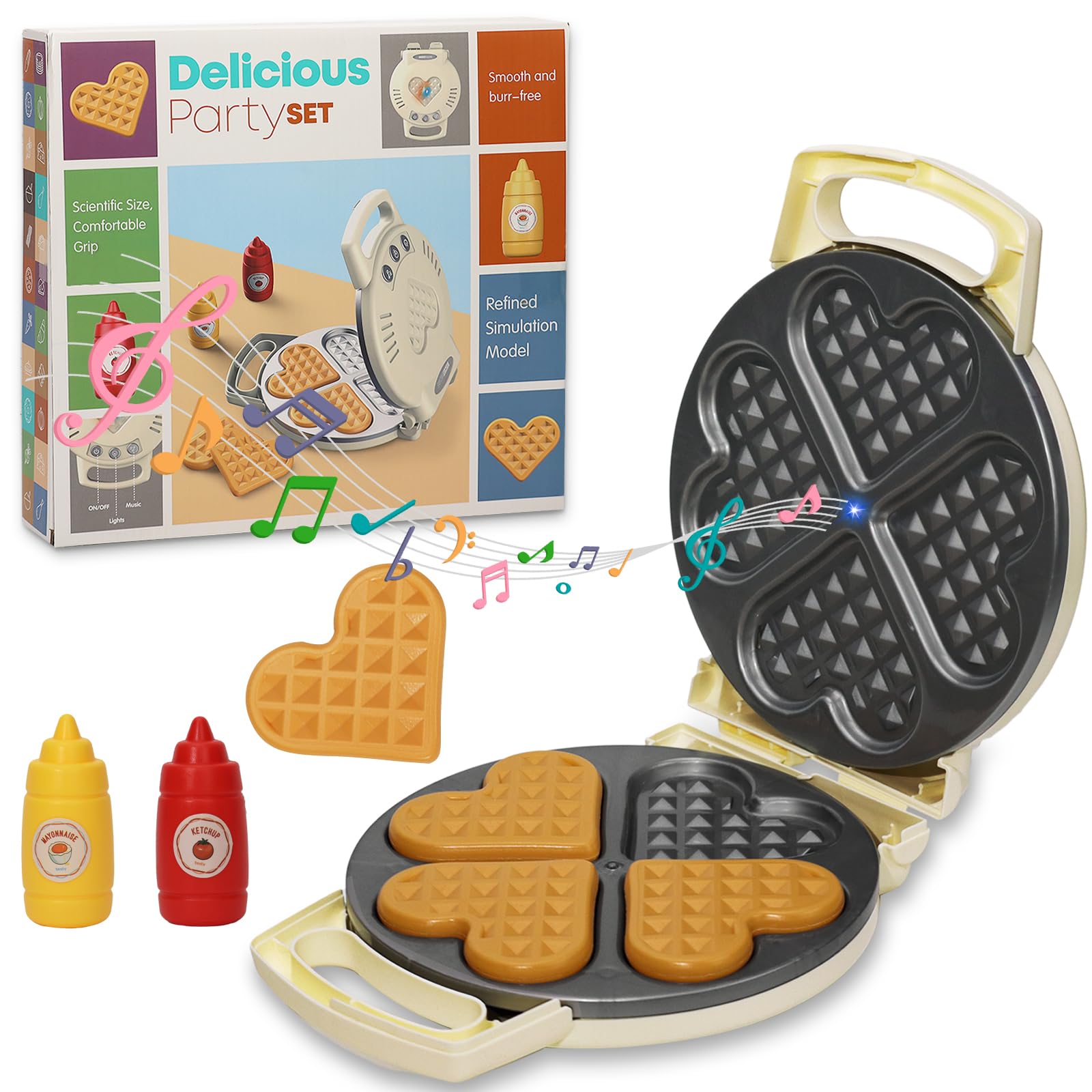 Kids Pretend Play Kitchen Set - Waffle Maker Toy with 4 Bread Pieces, Tongs & Sauce Bottle | Educational Cooking Toys for Toddlers | Perfect for Role Play, Birthday Gifts & Preschool Learning Activities