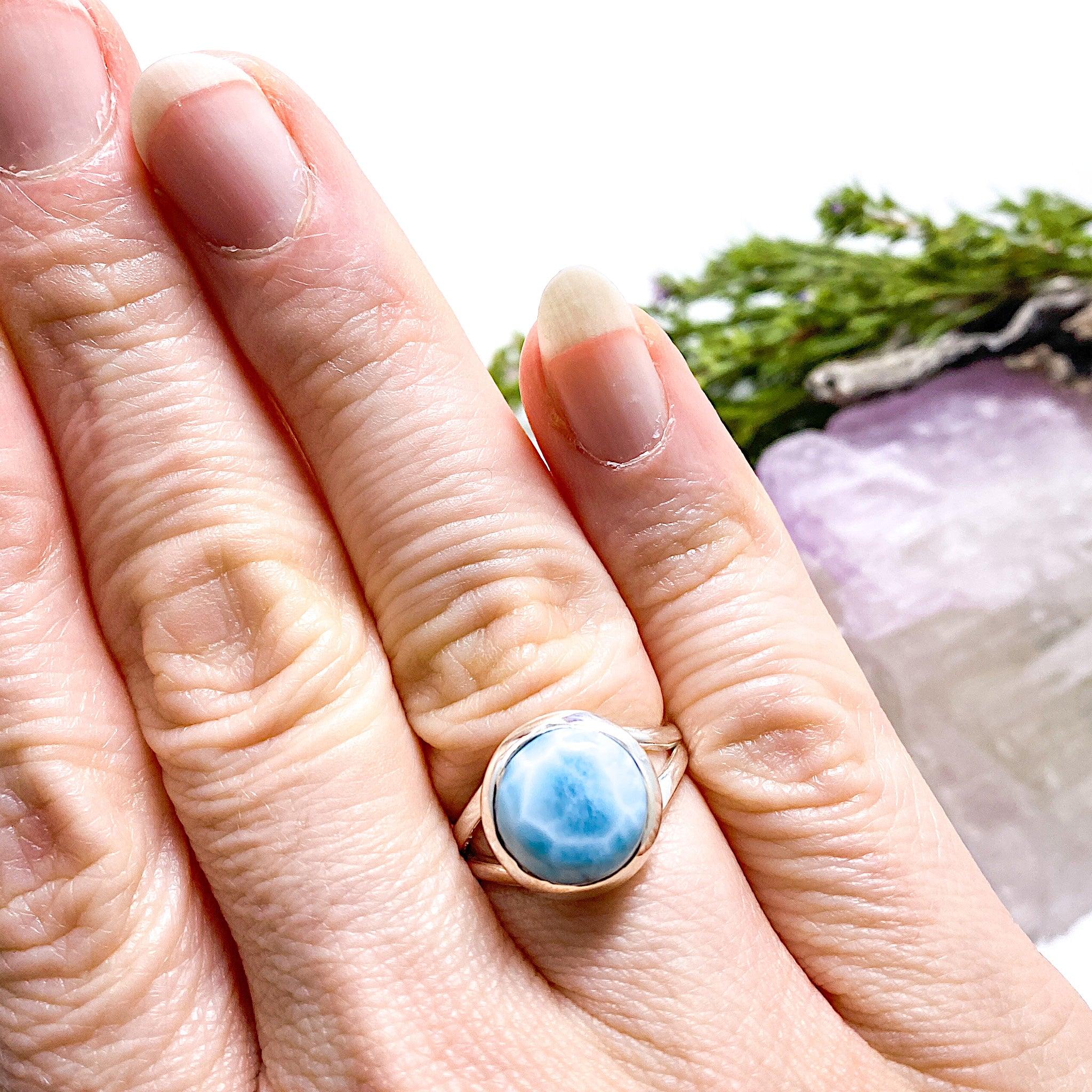 Larimar Round Ring Size 8 - Genuine Blue Stone Jewelry for Women, Handmade Sterling Silver Band - Perfect for Gifts, Weddings & Everyday Wear