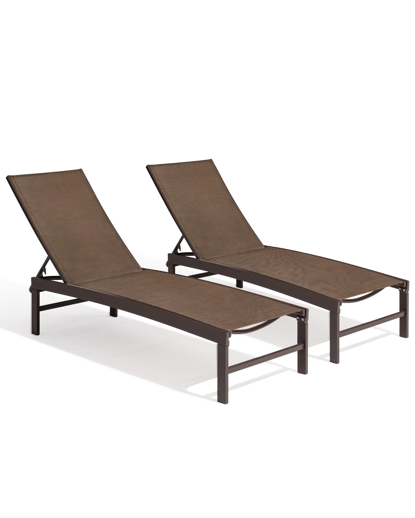 Crestlive 2-Piece Outdoor Aluminum Pool Chaise Lounge Chairs Set - Adjustable 5-Position Tanning Recliner - All-Weather Patio, Beach, Yard & Pool Furniture (Brown) - Perfect for Sunbathing, Relaxing by the Pool or Backyard Lounging