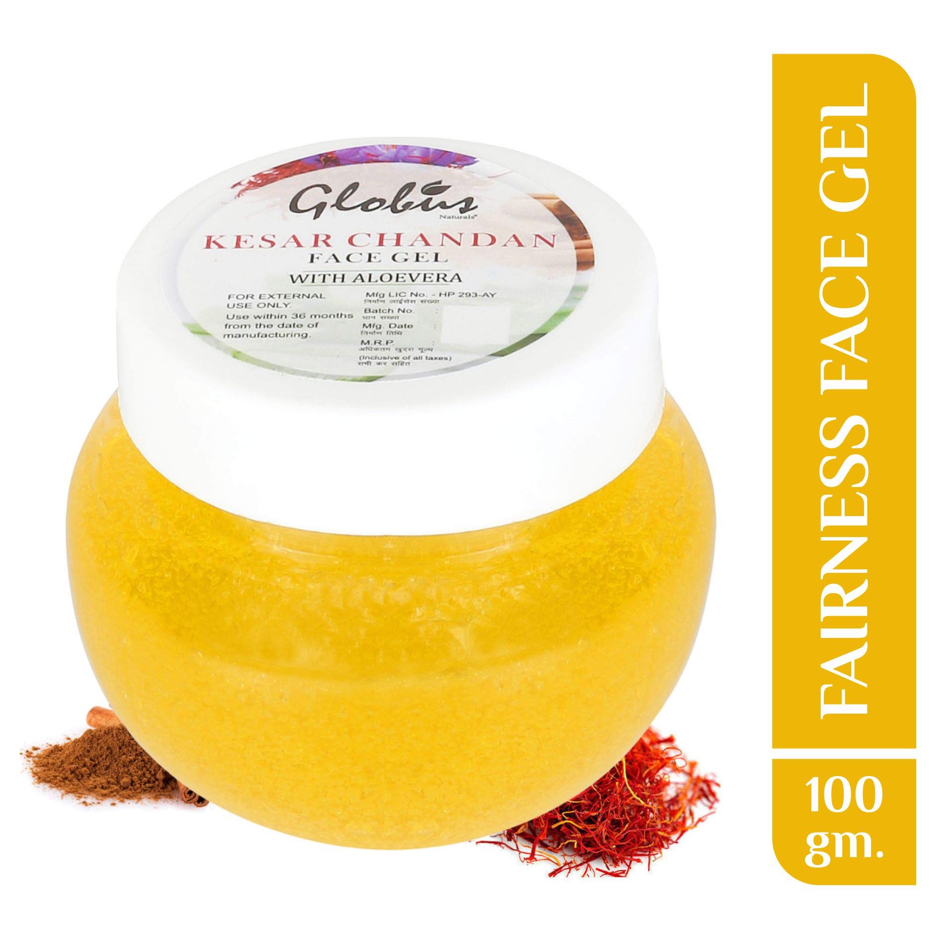 Globus Naturals Kesar Chandan Face Gel with Aloe Vera - 100g | Saffron & Sandalwood Hydrating Face Gel for Glowing Skin | Perfect for Daily Skincare & Nighttime Routine