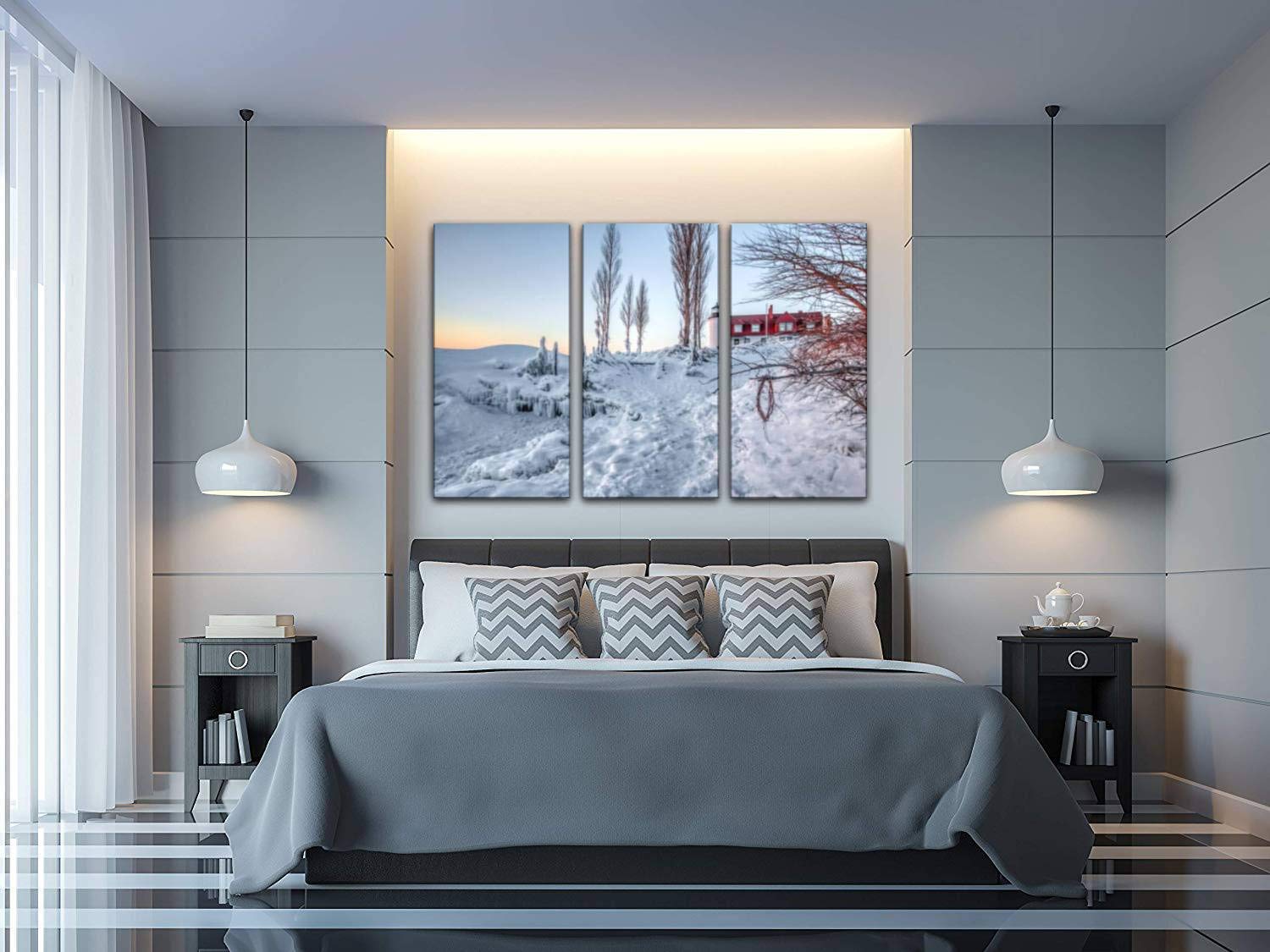 Michigan Winter Lighthouse on Great Lakes Canvas Wall Art - Modern 3 Panel Painting for Office, Living Room & Bedroom Decor - Coastal Landscape Artwork for Home & Workspace