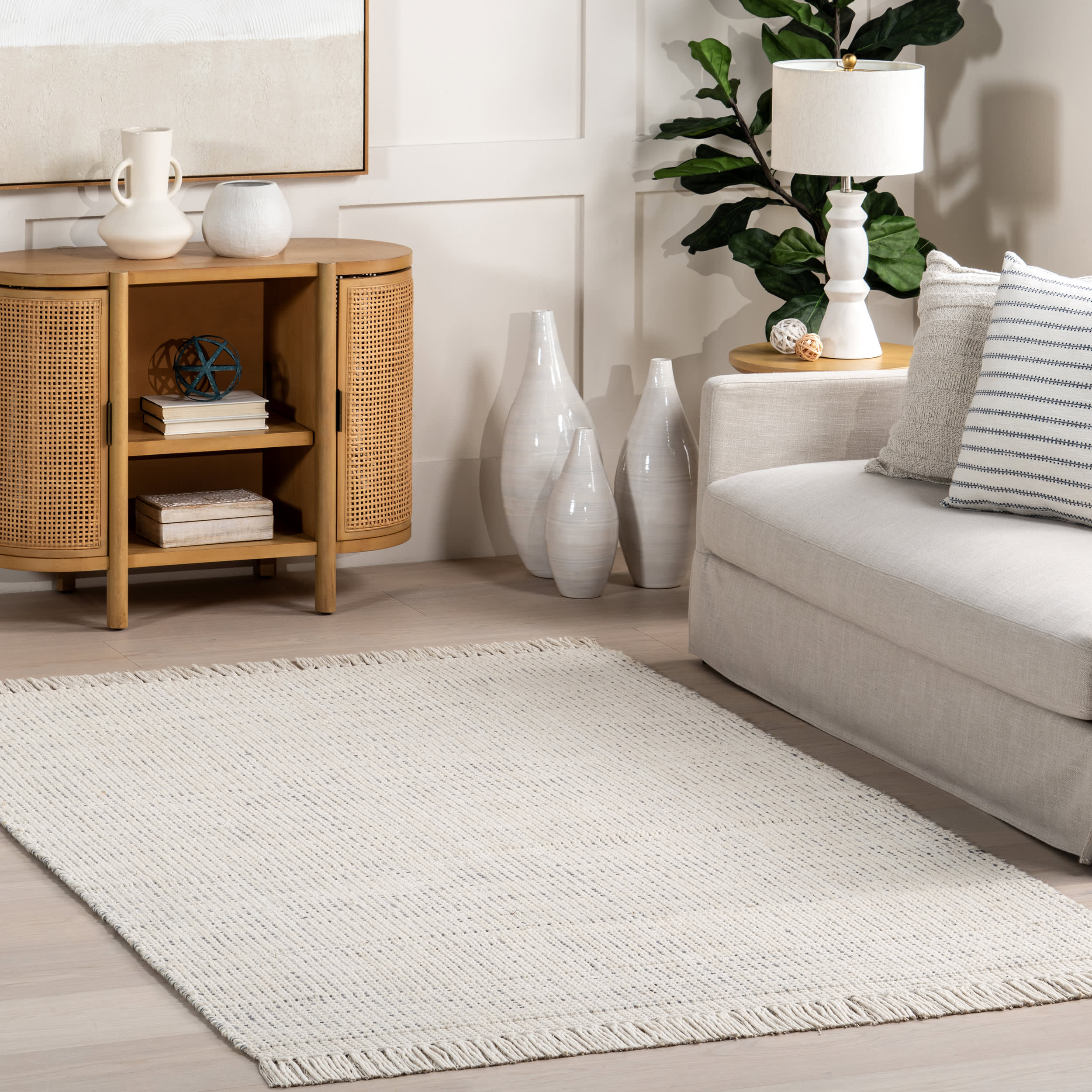 Abigail Solid Wool Fringed Rug - Ivory | Soft & Durable Handmade Area Rug for Living Room, Bedroom, or Office Decor