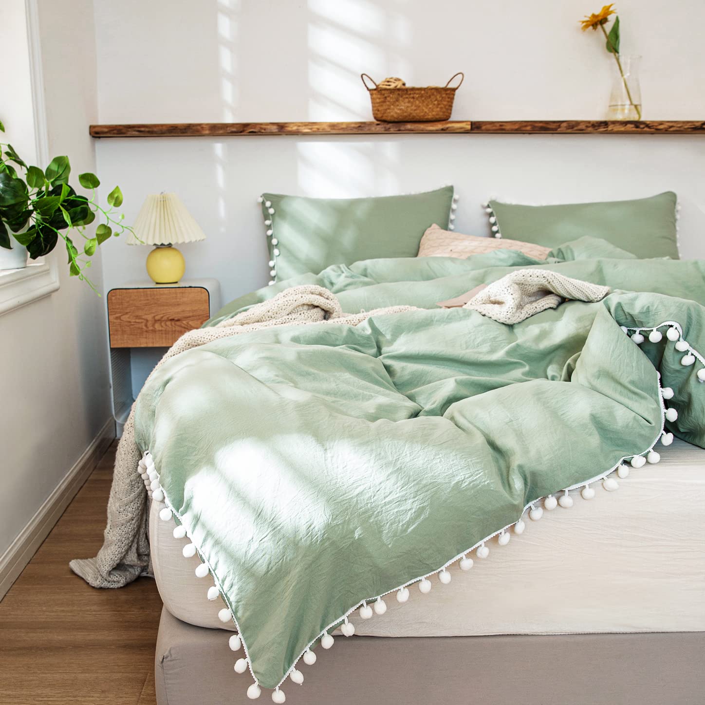 King Size Sage Green Pom Pom Comforter Set - 3 Piece Farmhouse Boho Bedding | 100% Washed Microfiber, Soft & Lightweight Fluffy Duvet Cover | Perfect for Master Bedroom, Guest Room & Cozy Farmhouse Decor
