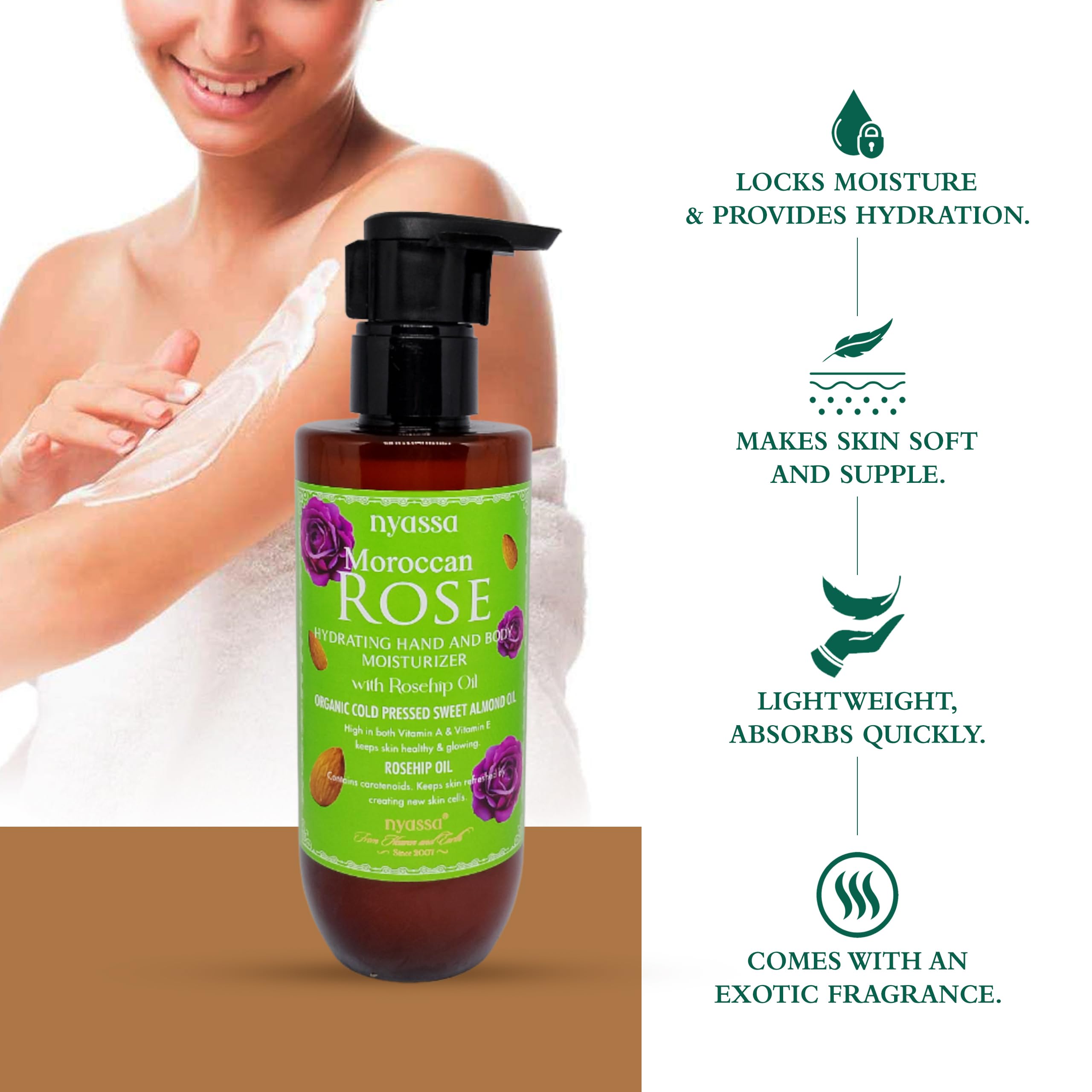 Nyassa Moroccan Rose Hand and Body Moisturizer with Rosehip Oil & Organic Sweet Almond Oil - 200ml Hydrating Lotion for Dry Skin, Anti-Aging & Glowing Complexion | Paraben-Free, Sulfate-Free, Vegan & Cruelty-Free | Perfect for Daily Skincare Routine, Spa Days & Gift Giving