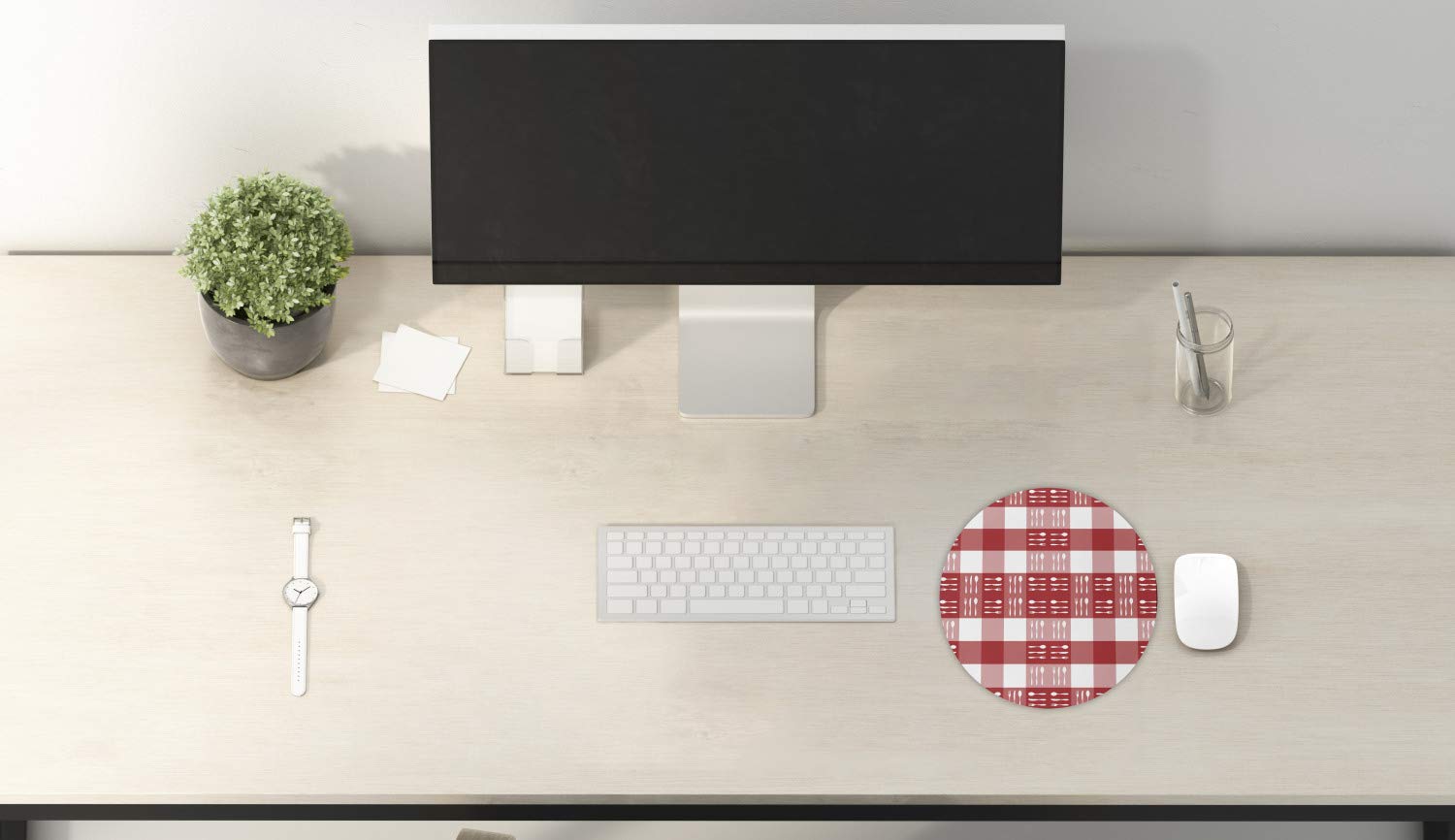 Ambesonne Round Non-Slip Gaming Mouse Pad - 8 Inch Thick Rubber Computer Mousepad with Checkered Cutlery Design (Spoons Forks Dinner Pattern) in Coral Dark Coral White - Perfect for Office, Home, Gaming & Picnic Use