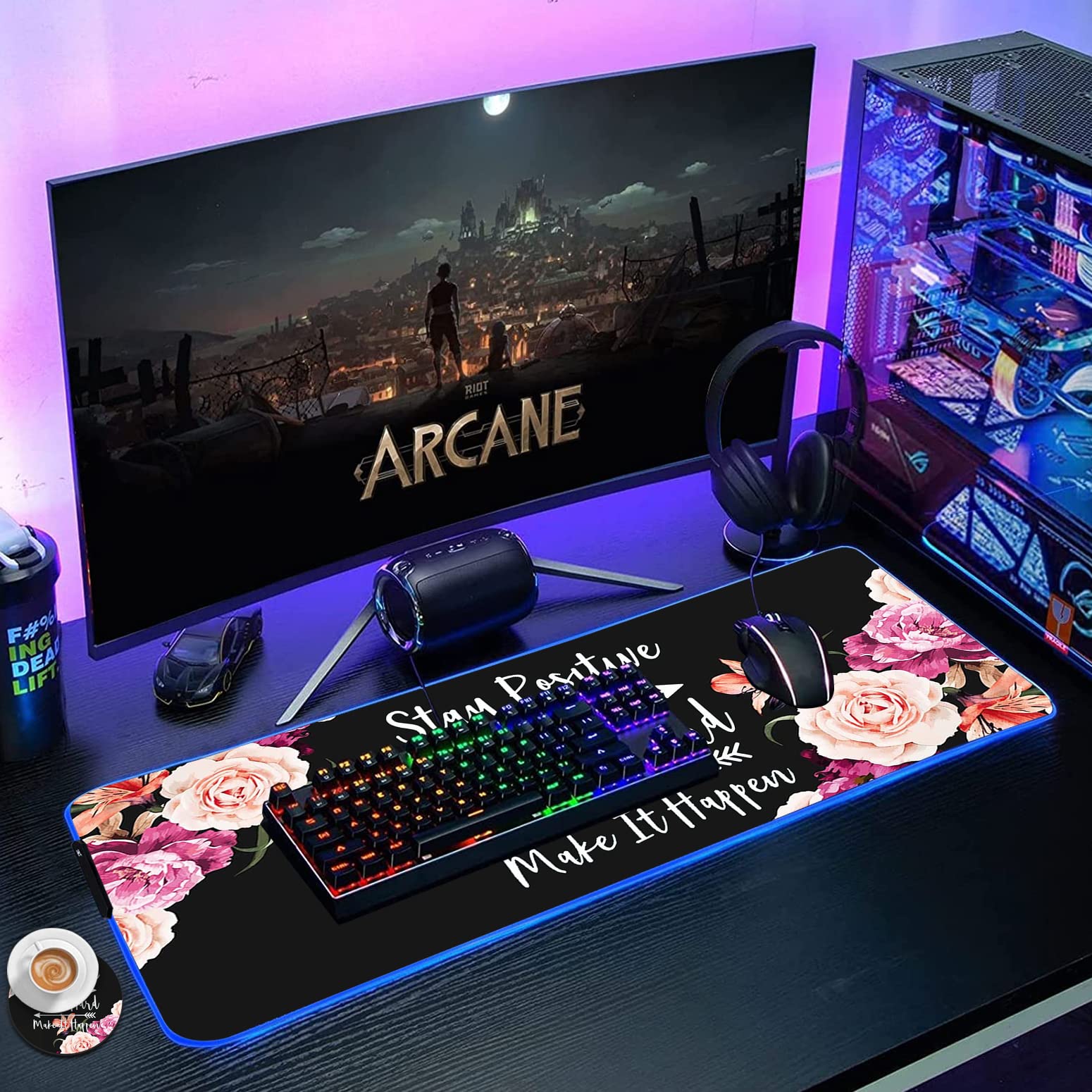 RGB Gaming Mouse Pad - Large LED Light-Up Desk Mat with Non-Slip Surface, Waterproof & Optical Tracking - Perfect for PC Gaming, Office Work & Streaming Setup (Stay Positive Work Hard Theme)