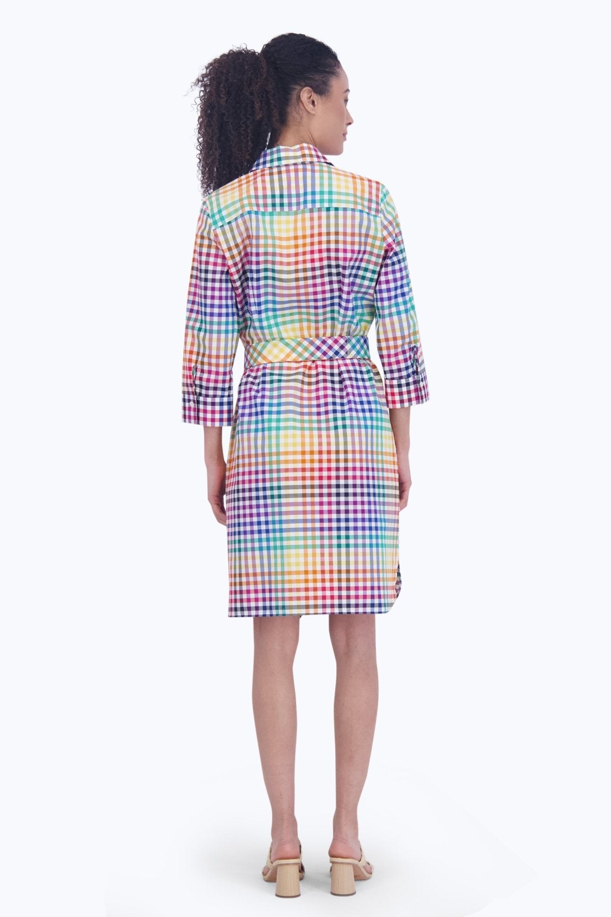 Rocca Rainbow Gingham 3/4 Sleeve Casual Dress for Women | Summer Floral Print Party Outfit | Perfect for Beach Vacation, Garden Party & Date Night