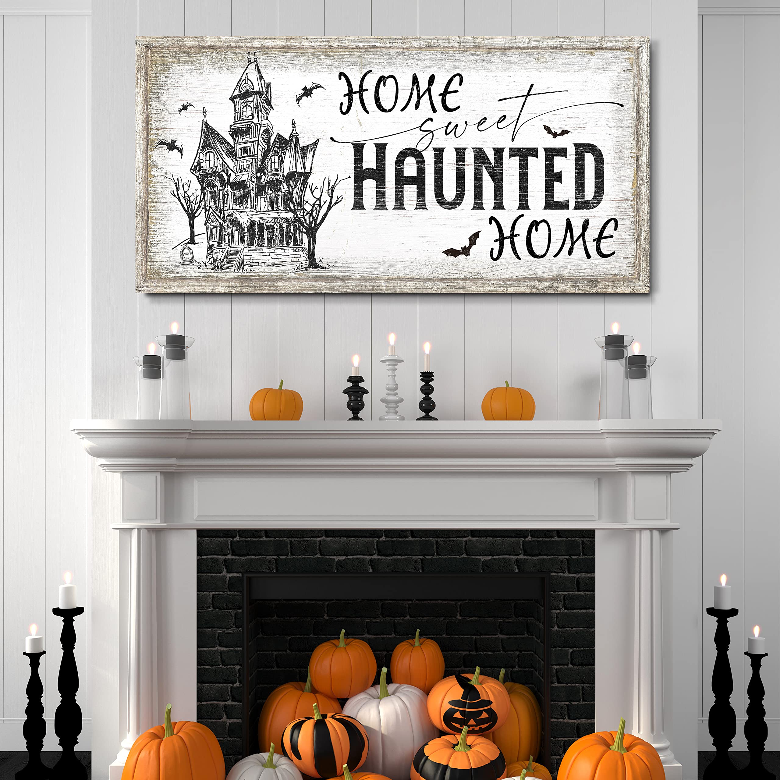 Spooky Halloween Wall Art - 'Home Sweet Haunted Home' Canvas Sign (20x40) for Halloween Party Decor | Haunted House & Bat Wall Decorations | Perfect for Front Door, Living Room & Halloween Gifts | Indoor/Outdoor Halloween Decor & Seasonal Home Décor | Great for Halloween Parties, Haunted House Themes & Spooky Home Decor