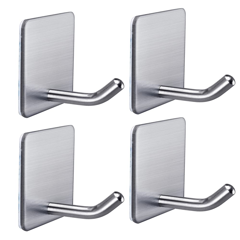 Heavy Duty Stainless Steel Adhesive Towel Hooks - 4 Pack Waterproof Wall Mount Hooks for Bathroom, Shower, Bedroom - Perfect for Hanging Towels, Robes, Coats, Hats - Strong Stick-On Design No Drilling Needed