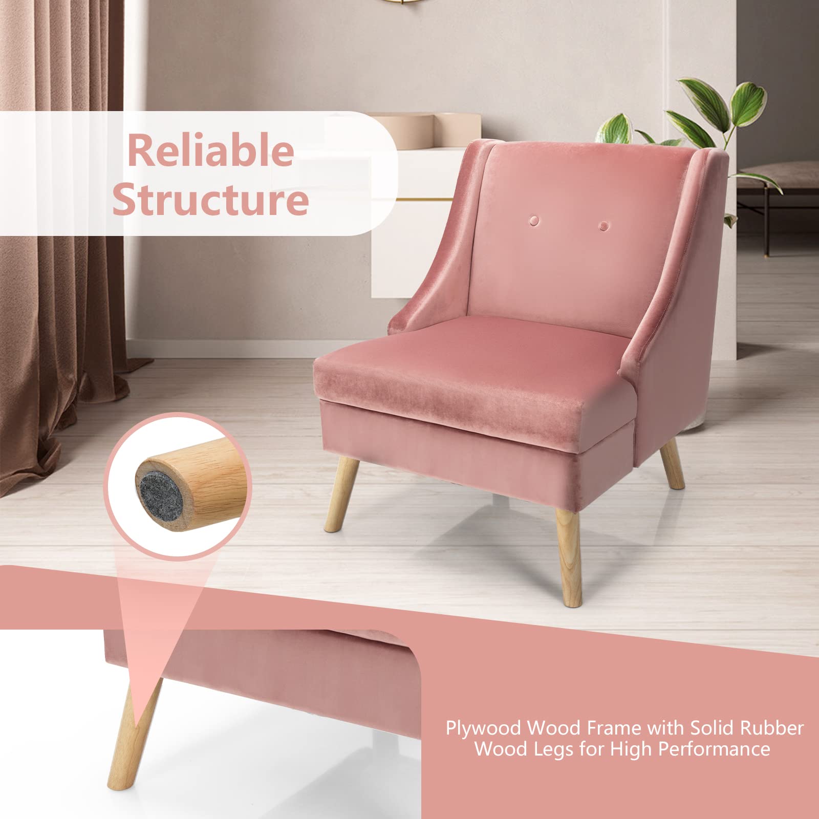 Velvet Accent Chairs Set of 2 - Upholstered Armchairs with Rubber Wood Legs, Button Tufted Club Chairs for Living Room, Bedroom, Reading Nook - Soft Pink Velvet Sofa Chairs for Home Decor & Relaxation