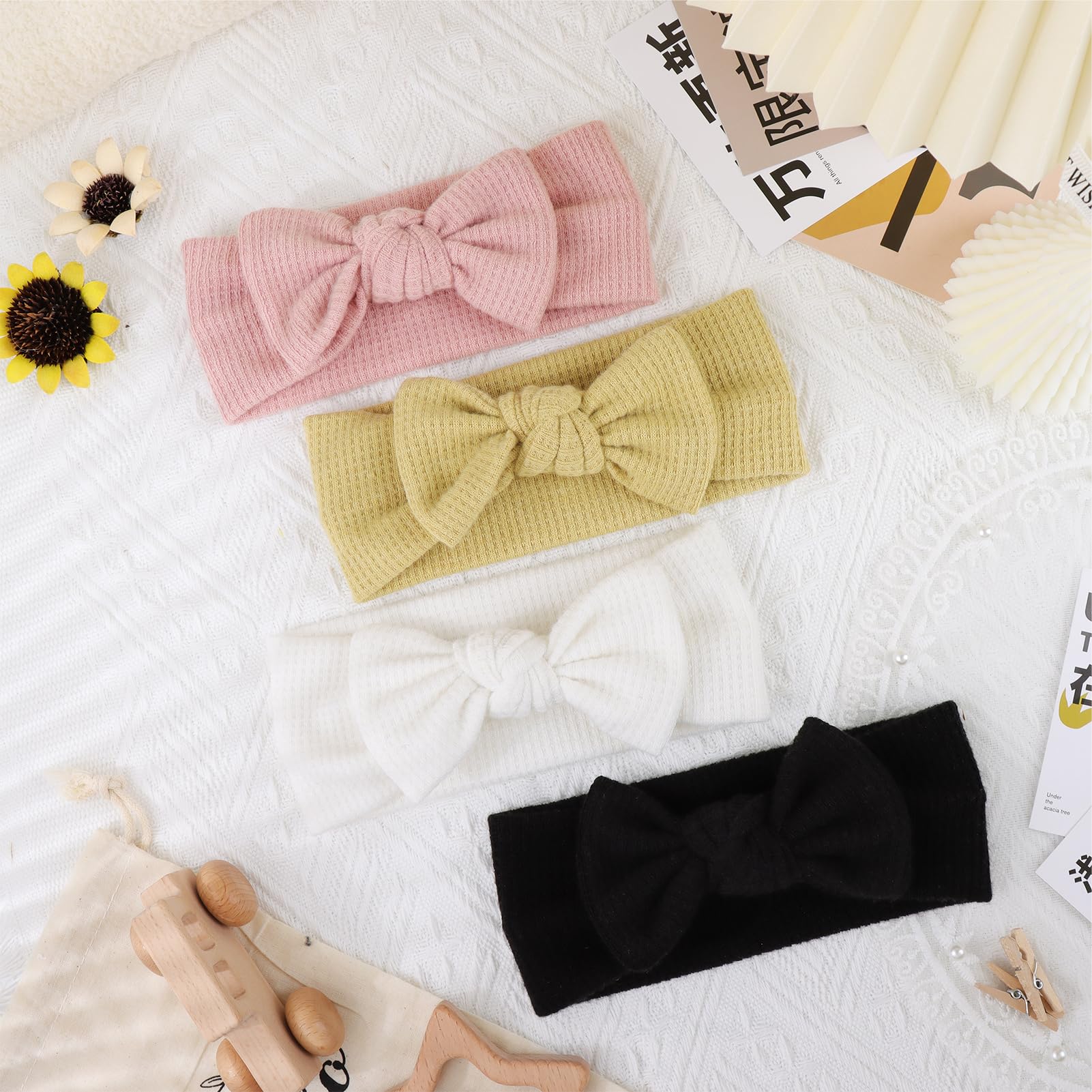 YanJie Soft Handmade Baby Girl Headbands & Bows - Newborn Headwrap Hair Accessories for Infant Toddler (Black, White, Pink, Curcuma) - Perfect for Photoshoots, Birthday Parties & Daily Outfits