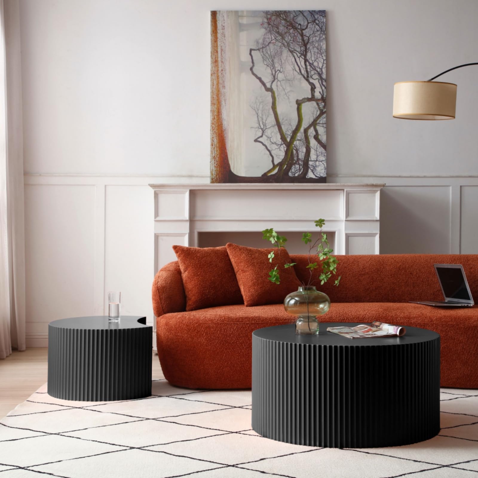 Modern Round Wooden Coffee Table Set of 2 - Nesting Accent End & Side Tables for Living Room, Matte Black | Space-Saving Furniture for Small Apartments & Cozy Home Decor