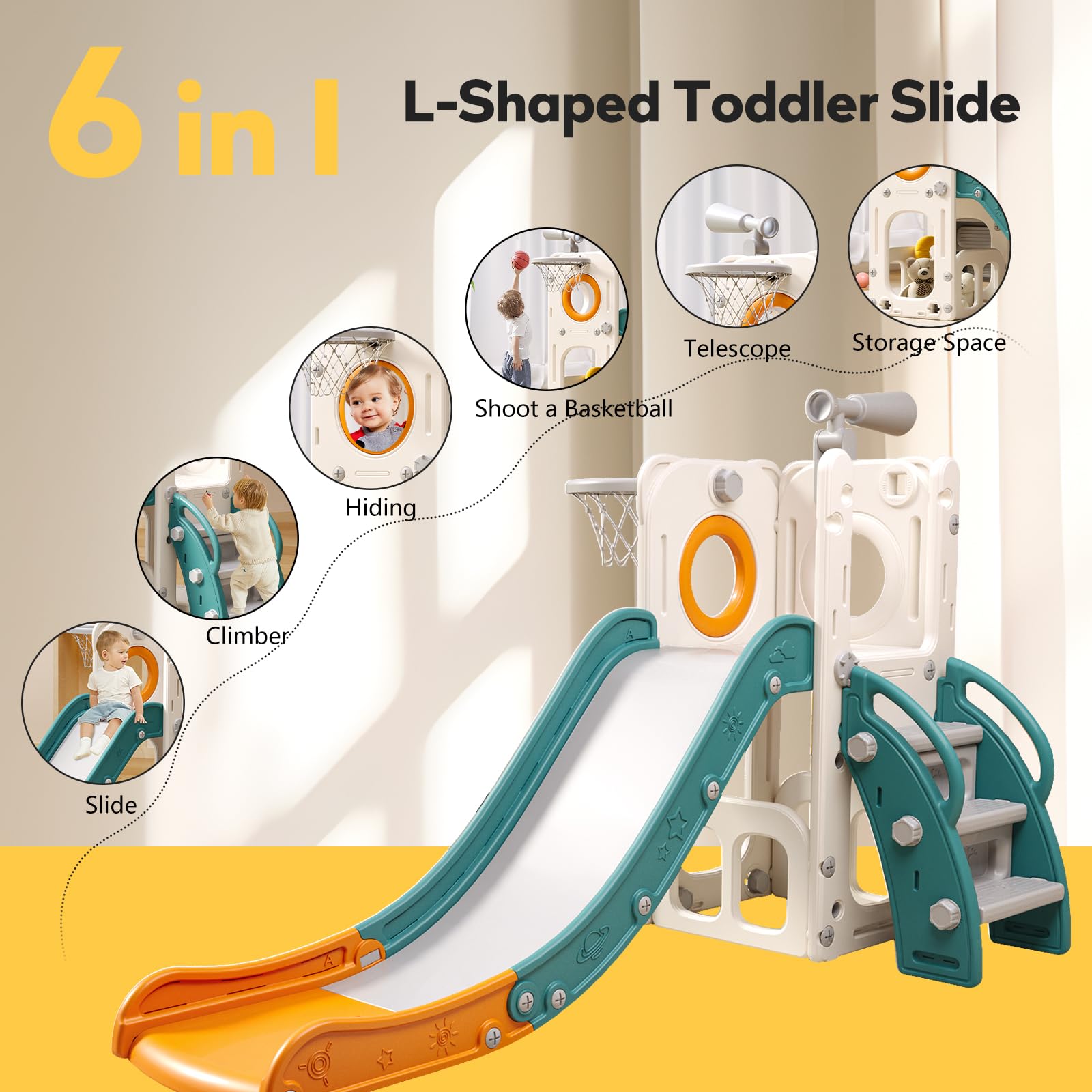 6 in 1 Toddler Playset with Slide & Basketball Hoop - Kids Indoor/Outdoor Activity Toy Set with Ball & Ring Toss Game - Perfect for Backyard, Playroom & Preschool Playtime