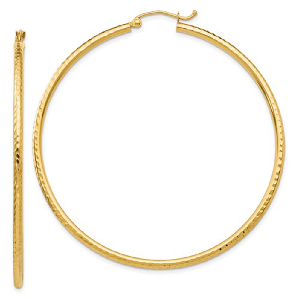 14K Yellow Gold Diamond Cut Hoop Earrings for Women - 2mm Tube Large Hoops - Perfect for Parties, Weddings & Everyday Elegance
