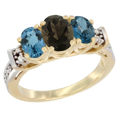 14K Yellow Gold Natural Smoky Topaz & London Blue Topaz Ring with 3 Oval Diamond Accents - Elegant Birthstone Jewelry for Women, Perfect for Anniversary, Engagement & Special Occasion Gifts