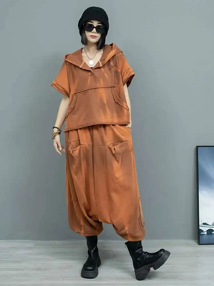 Big Size Women's Sweatshirt & Cross Pants Two-Piece Set - Hooded Short Sleeve Fashion Outfit for Spring/Autumn 2025 (Style 1DH9474) | Casual Streetwear, Lounge Wear & Trendy Outfit for Daily Wear