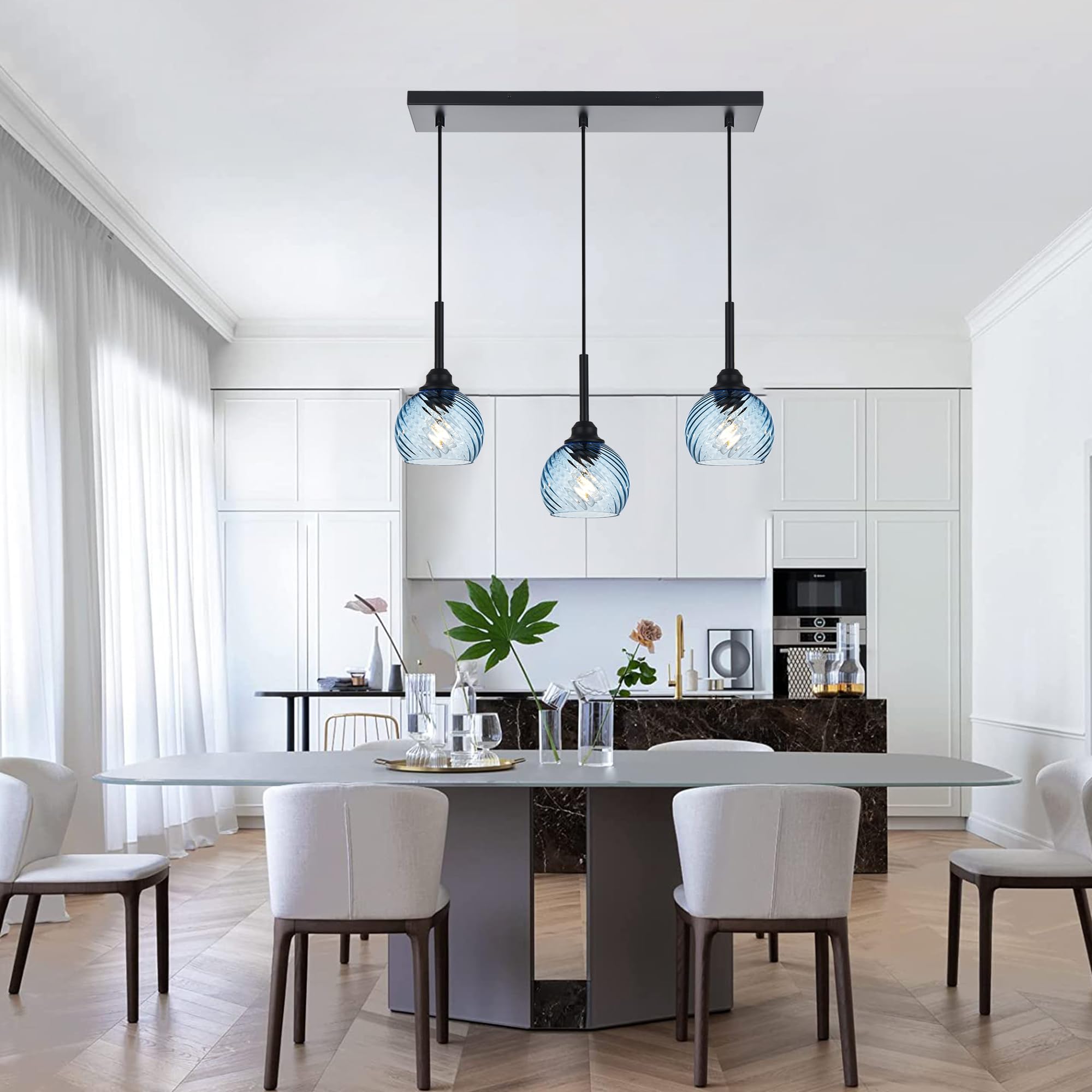 Black Linear Hanging Pendant Light Fixture - 3-Light Farmhouse Chandelier with Striped Swirl Glass Globes for Kitchen Island, Dining Room, Bar & Living Room | Modern Rustic Lighting for Home Decor