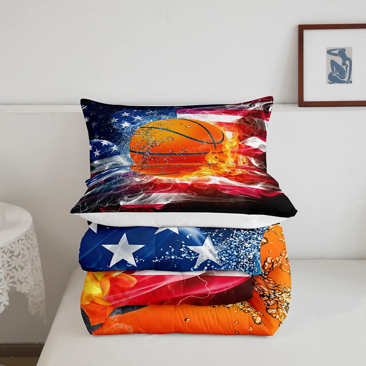 USA Flag Comforter Set - Water & Fire Lightning Basketball Theme Bedding | Red & White Striped Quilted Duvet with 2 Pillowcases - Queen Size for Adults & Teens | Perfect for Patriotic Bedrooms, Dorm Rooms & Sports Fans