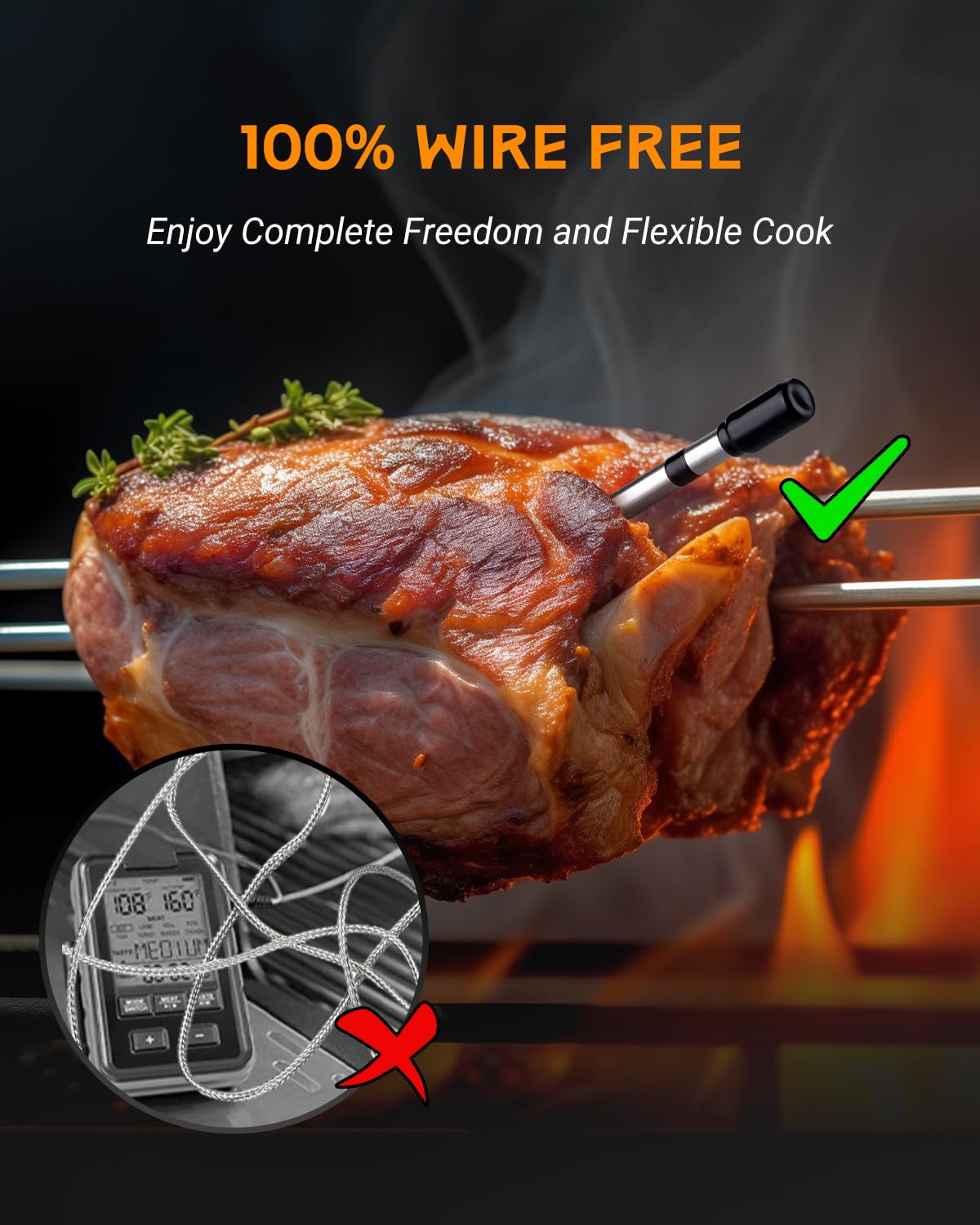 Smart Wireless Meat Thermometer Digital - Bluetooth BBQ Thermometer for Grilling, Smoking & Cooking | Remote Monitoring Food Thermometer for Oven, Kitchen, Smoker, Rotisserie | Perfect for Backyard BBQ, Camping & Home Kitchen Use