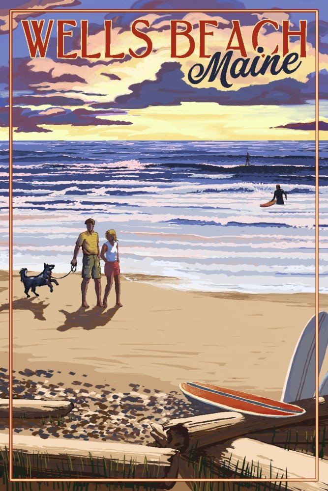 Wells Beach Maine Sunset Surfers Walk - 16x24 Gallery Quality Metal Wall Art, Aluminum Decor for Coastal & Beach House Living Room, Bedroom, Office