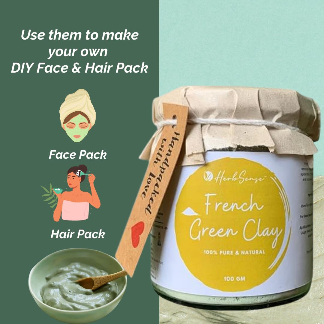 Herbsense French Green Clay Powder Mask - Deep Cleansing & Detoxifying Face Mask for Glowing, Healthy Skin | 100g Glass Jar | Perfect for Spa Days & At-Home Skincare Routines