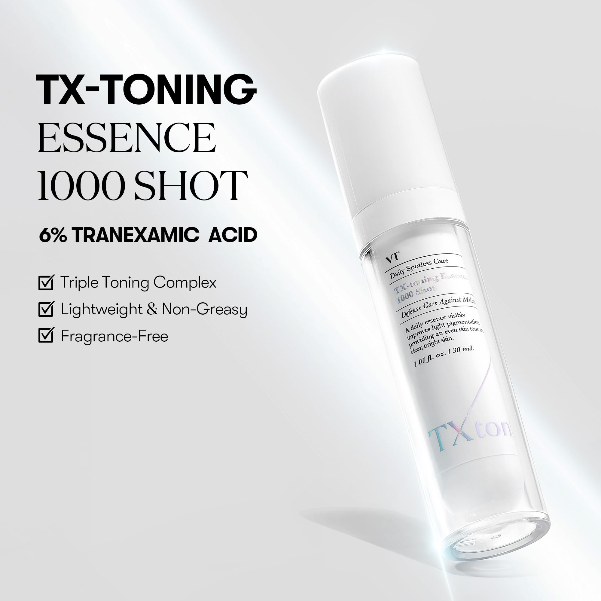 VT COSMETICS TX Toning Essence 1000 Shot - Brightening Serum with Tranexamic Acid, Niacinamide & Glutathione for Glass Skin | Dark Spot Corrector, Acne Scar Treatment | Fragrance-Free Korean Skincare for Sensitive Skin | Perfect for Daily Brightening Routine & Night Repair