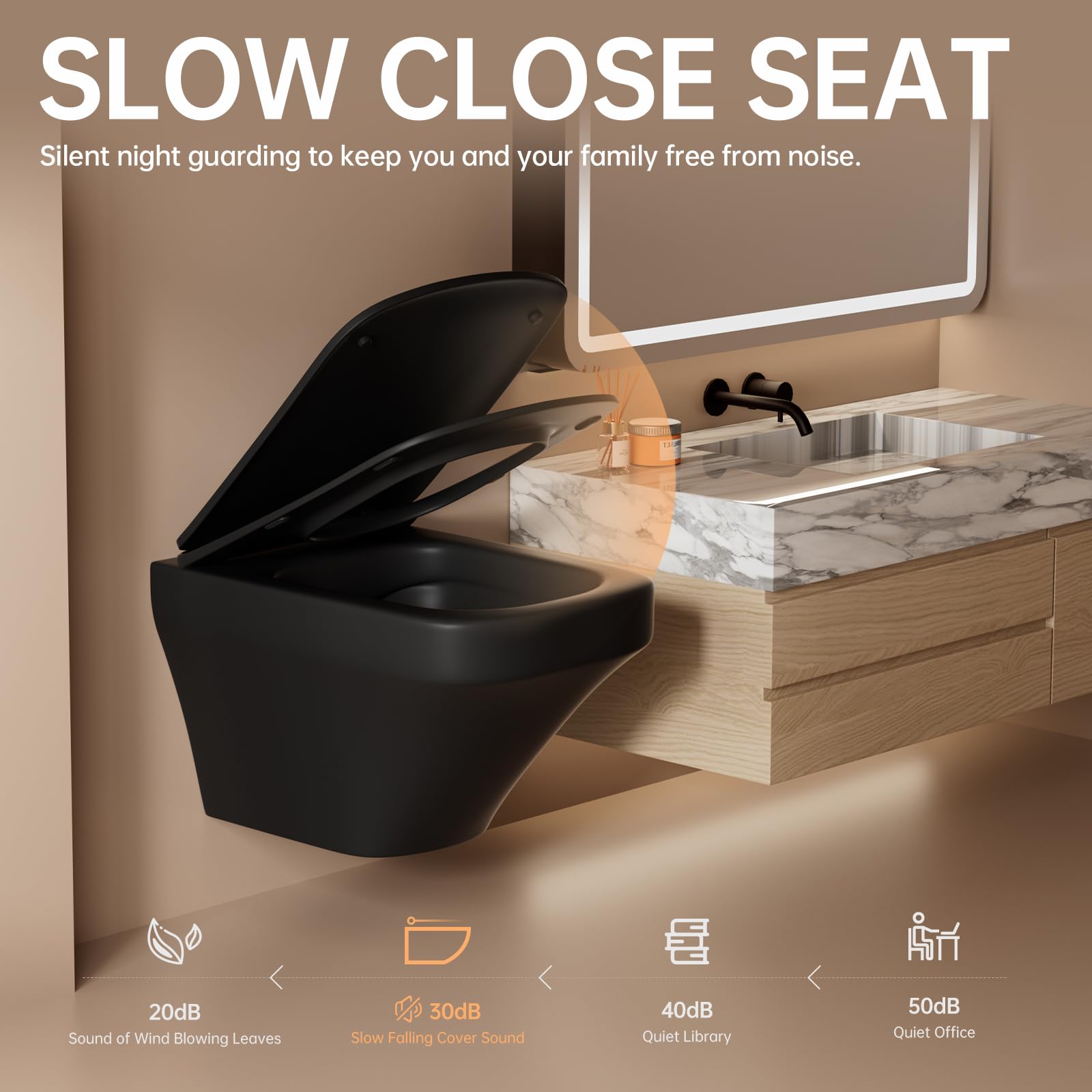 SUPERFLO Modern Square Wall Mounted Toilet Bowl with Soft Closing Seat - One Piece Black Wall Hung Toilet for Bathroom, Rear Outlet Design (Tank & Bracket Not Included) | Perfect for Contemporary Homes, Luxury Apartments & Space-Saving Bathroom Renovations
