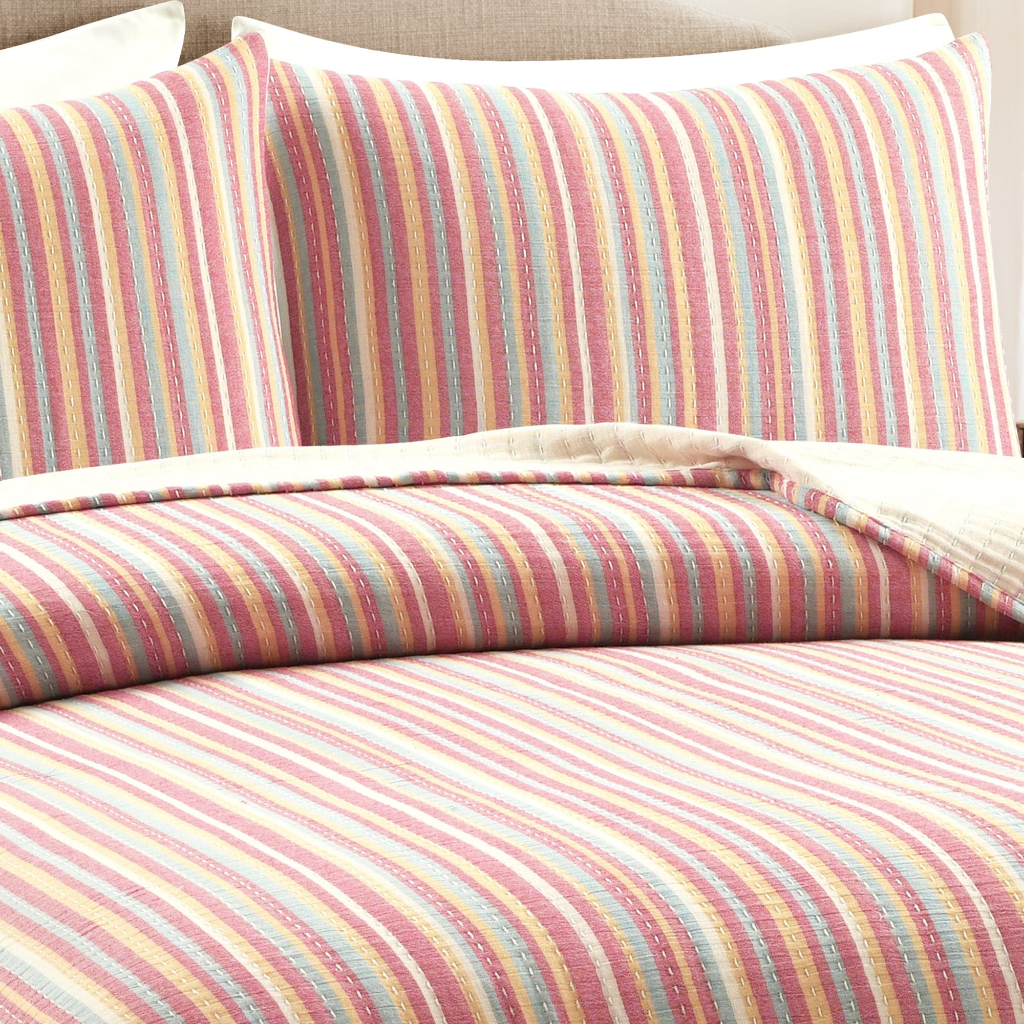 Tracy Stripe Pick Stitch Kantha Yarn-Dyed Cotton Woven Quilt Coverlet Set - Soft Bedspread for Cozy Bedroom Decor, Perfect for Guest Rooms & Boho Chic Home Styling