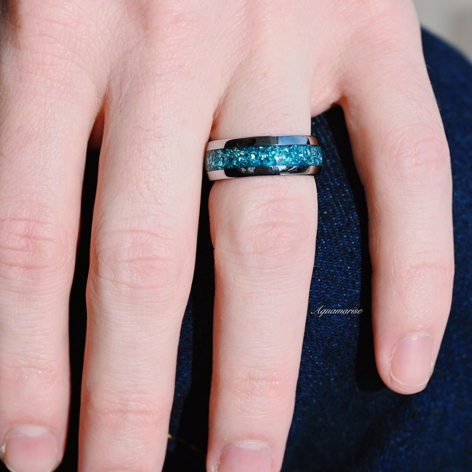 8MM Aquamarine Tungsten Wedding Band for Men - Durable & Elegant Ring for Engagement, Anniversary, and Everyday Wear