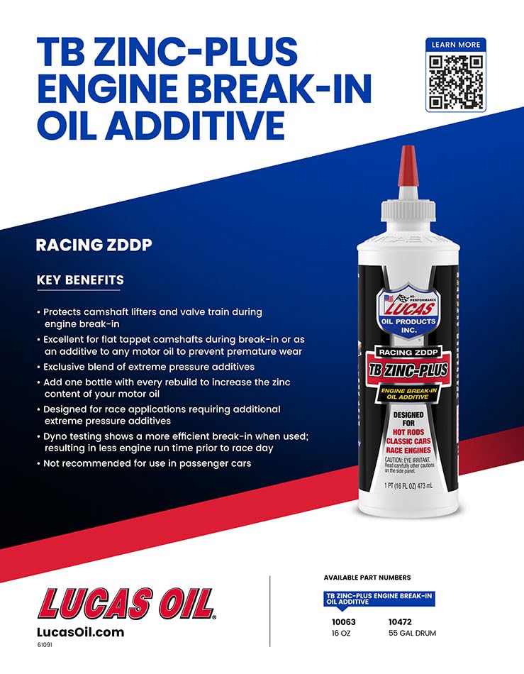 Lucas Oil 10063 Engine Break-In Oil Additive with TB Zinc Plus - 16oz (12 Pack) | High Performance Motor Oil Treatment for New & Rebuilt Engines | Ideal for Muscle Cars, Classic Cars & High Mileage Vehicles