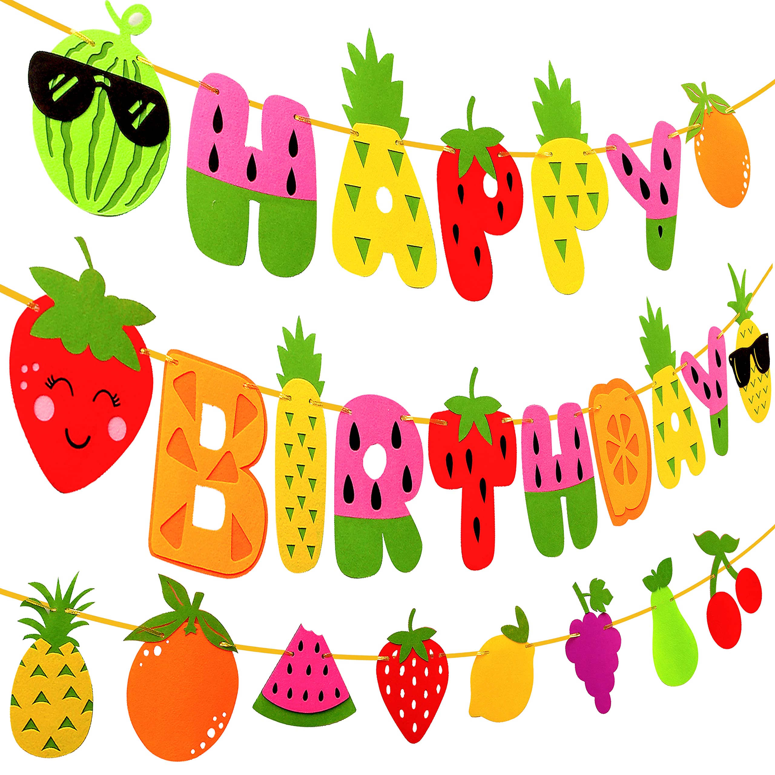 Fruit Theme Birthday Party Decorations - Happy Birthday Felt Banner & Garland with Fruit Patterns for Summer Parties, Baby Showers, Kids Celebrations - Perfect for Indoor and Outdoor Decor