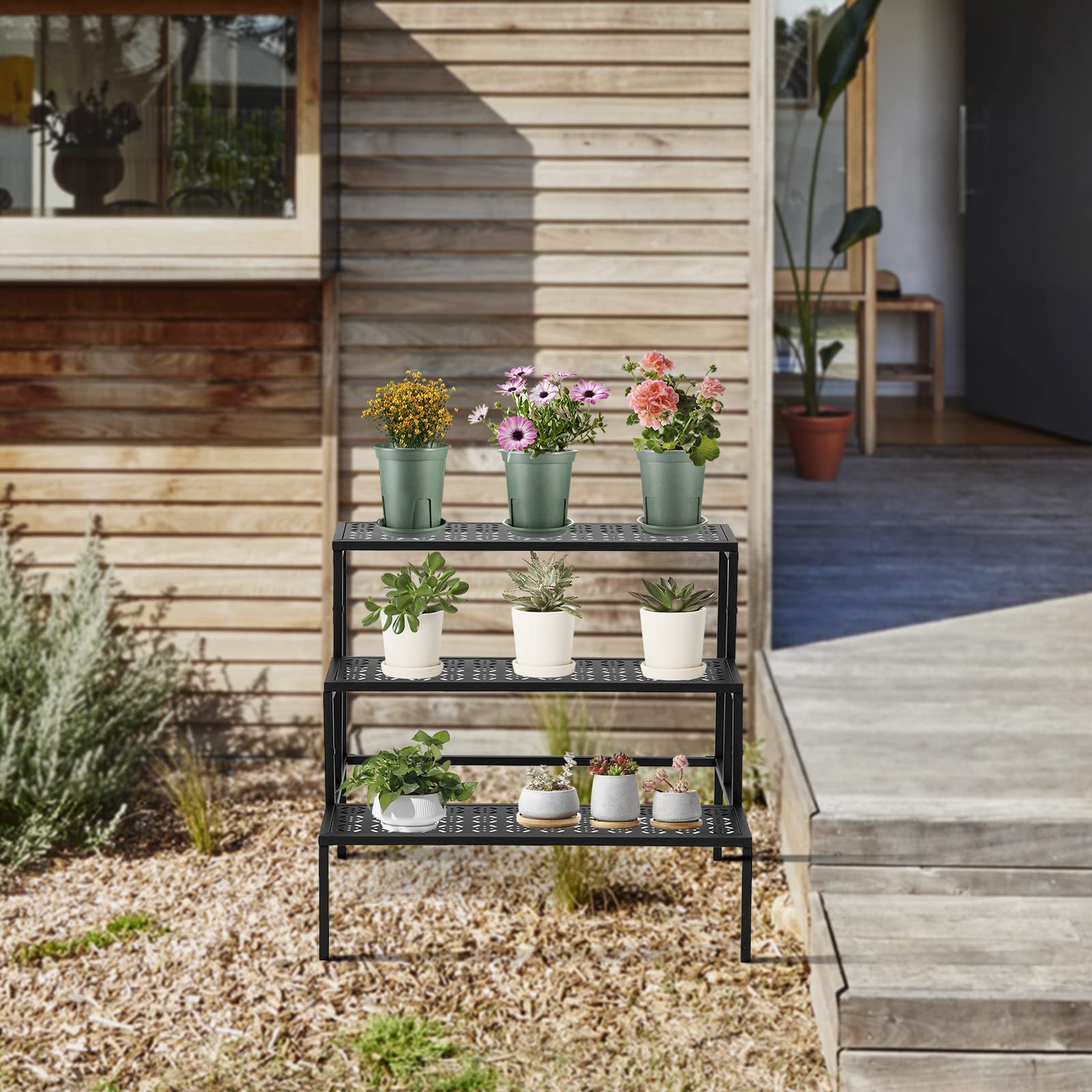3-Tier Metal Plant Stand Indoor Outdoor - Sturdy Tiered Flower Pot Holder, Garden Ladder Shelf for Plants, Succulents & Home Decor | Perfect for Balcony, Patio & Living Room Display